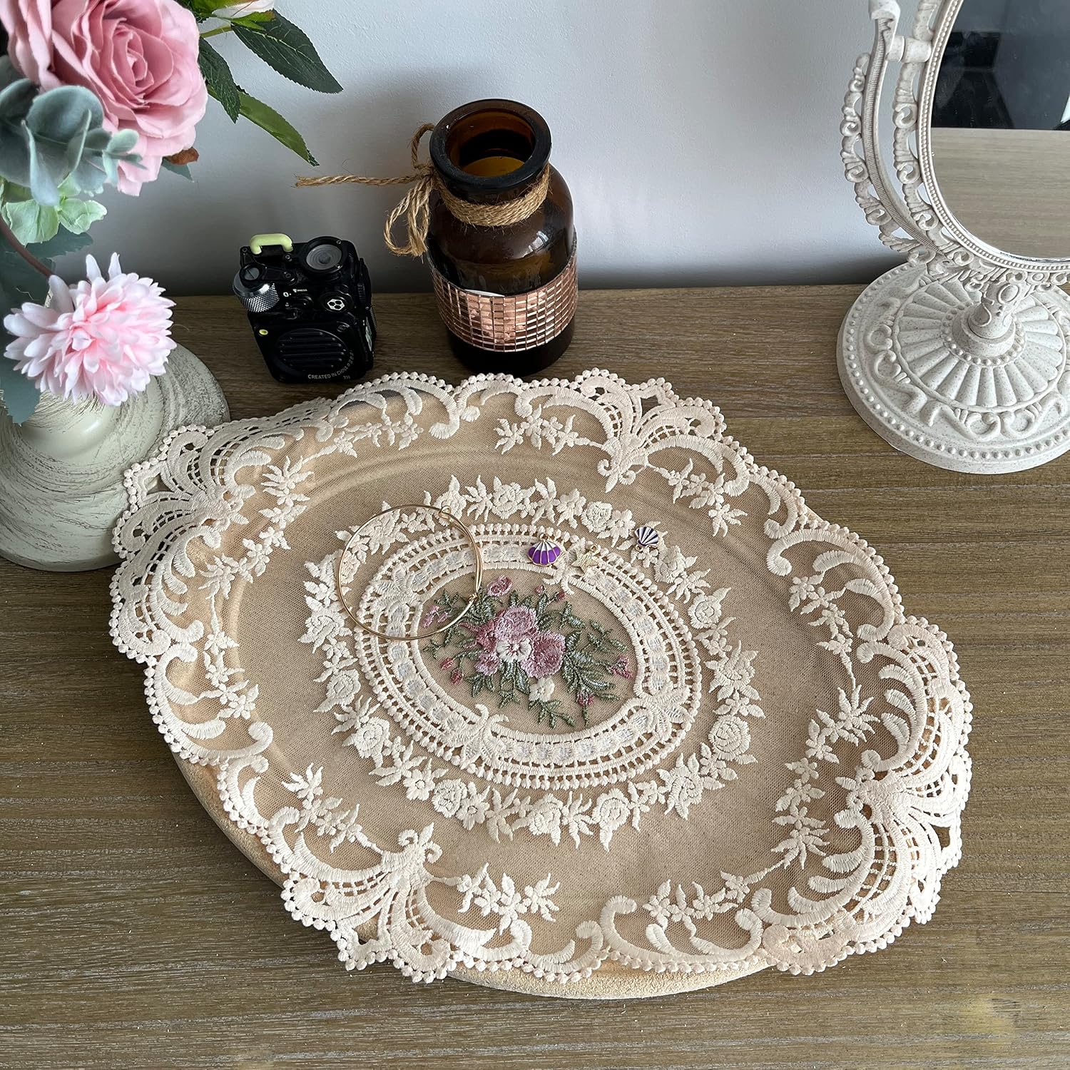 2PACK Retro French Style Lace Placemats Fashionable Embroidered Cup Mat vase mat 12”x16” (Beige)