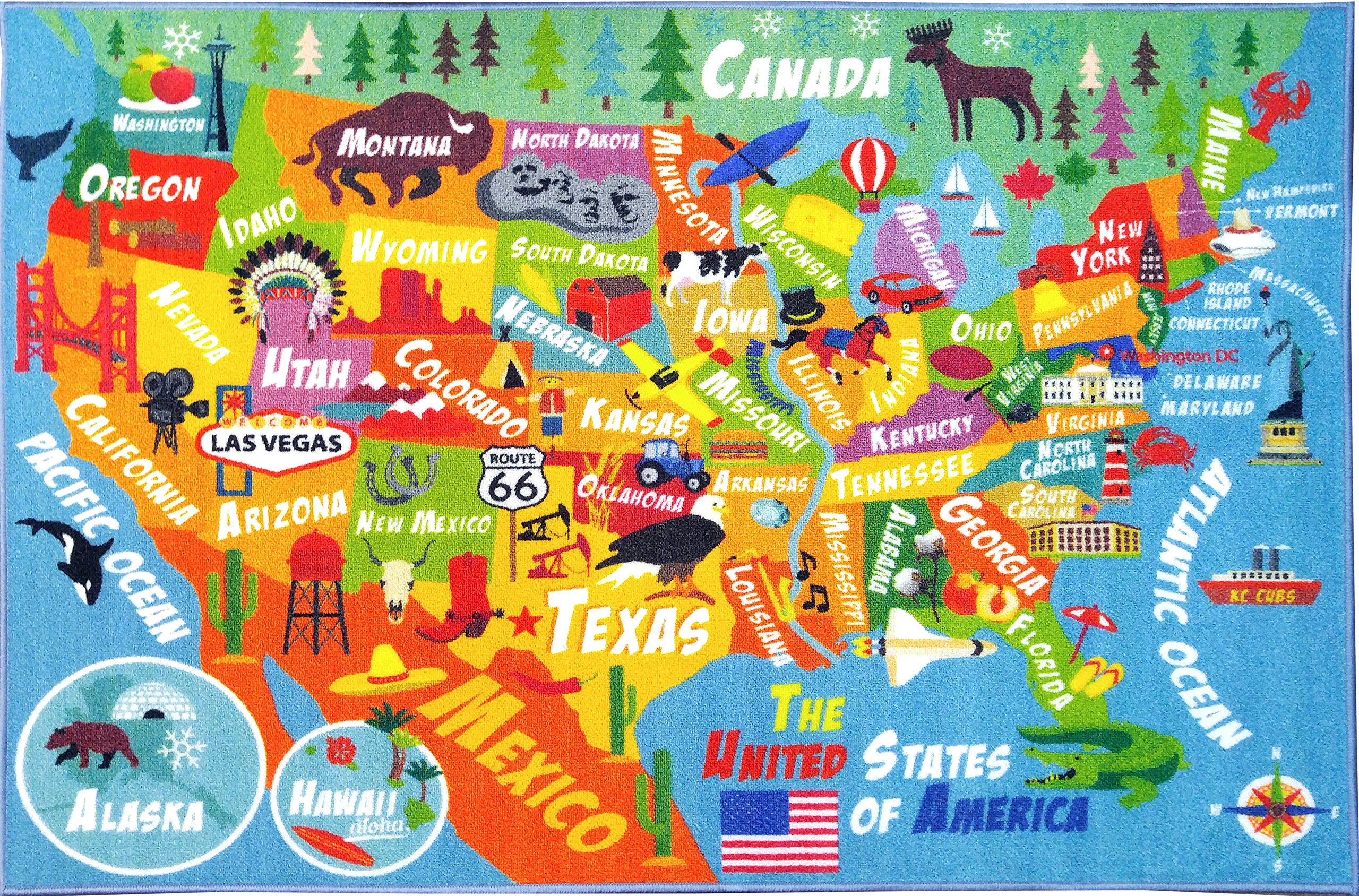 KC Cubs Playtime Collection Usa United States Map Educational Learning & Game Area Rug 3'3" x 4'7" multi