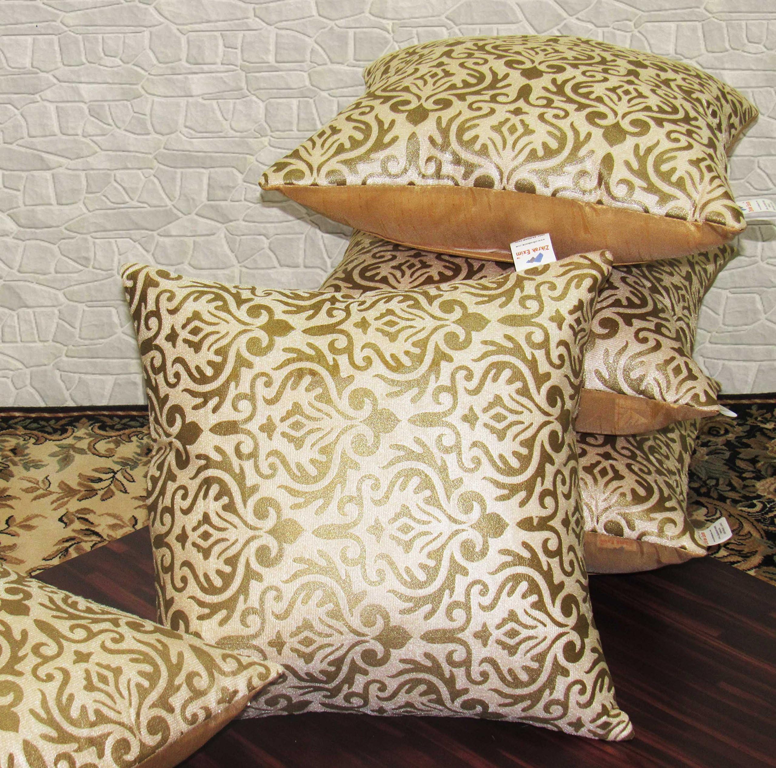 Zikrak Exim Golden Printed Polyester Cushion Cover 16" x 16" - Pack of 5