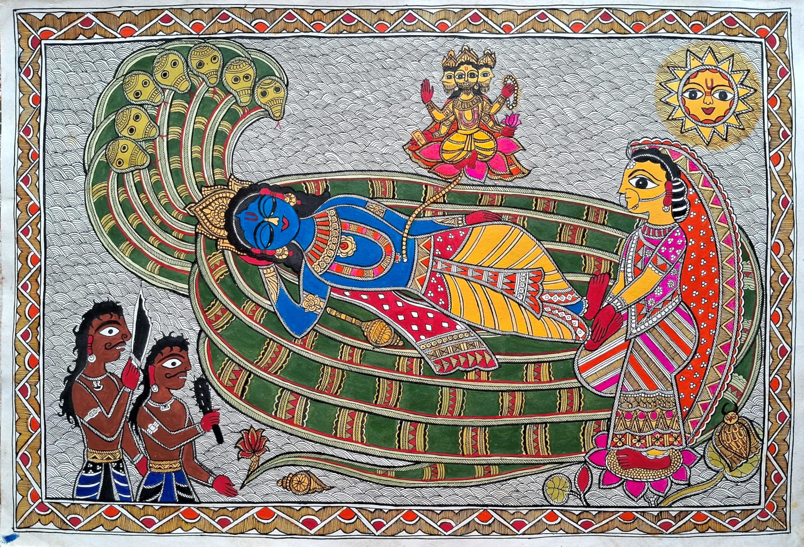 Lakshmi Narayan | Cheer Sagar | Handmade Authentic Mithila Madhubani Painting | With Nib and Brush.-image-12