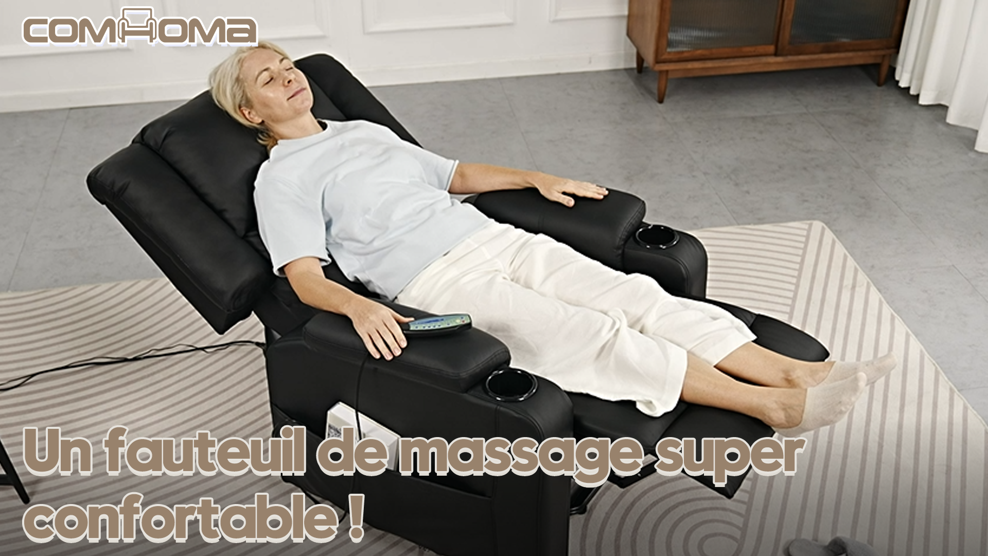 Fauteuil Relax électrique COMHOMA - Massage, Aide à La Levée - Cuir PU Beige - 2 Porte-gobelets