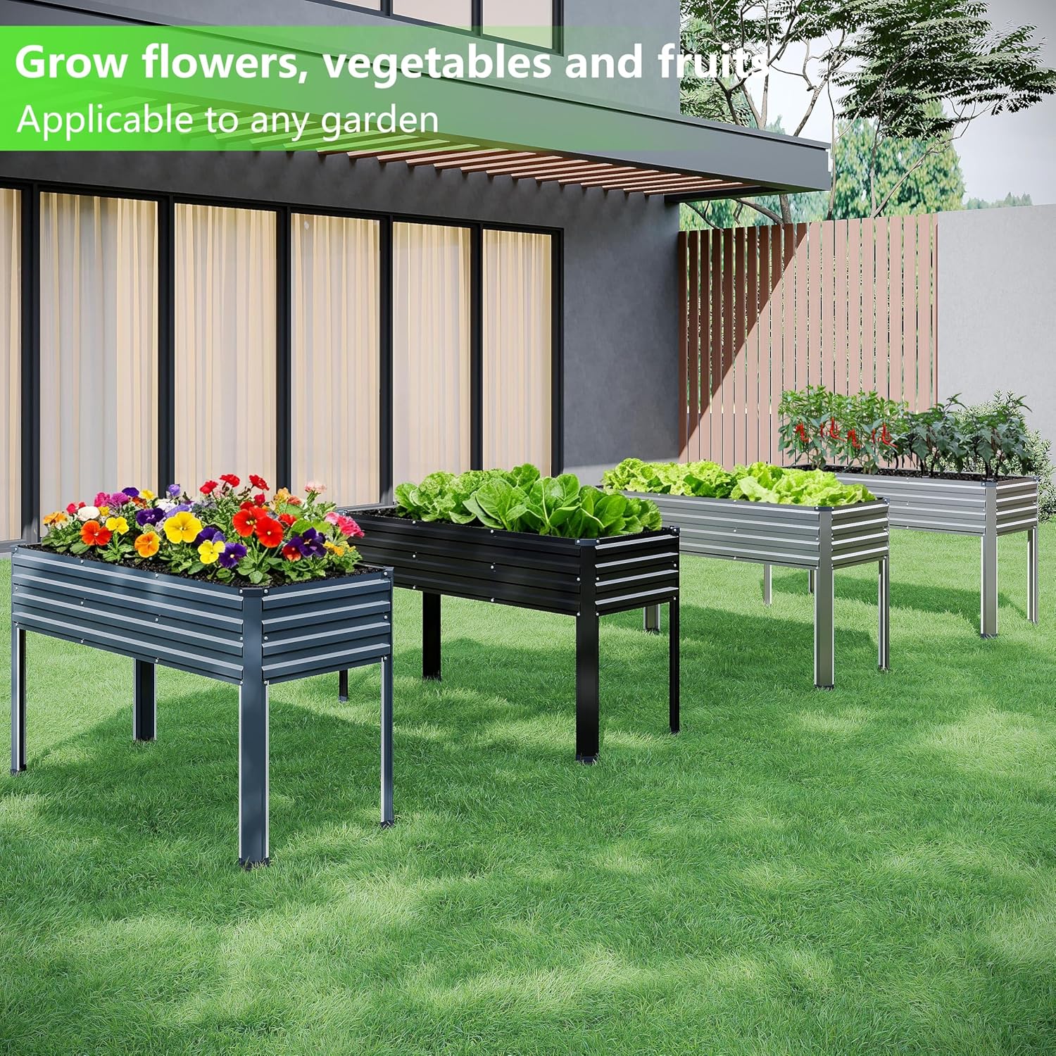 MGNO 2PCS Galvanized Raised Garden Bed Outdoor with Legs,48×18×32in Metal Elevated Raised Planter Box for Backyard, Patio, Balcony, 300lb Capacity,Black