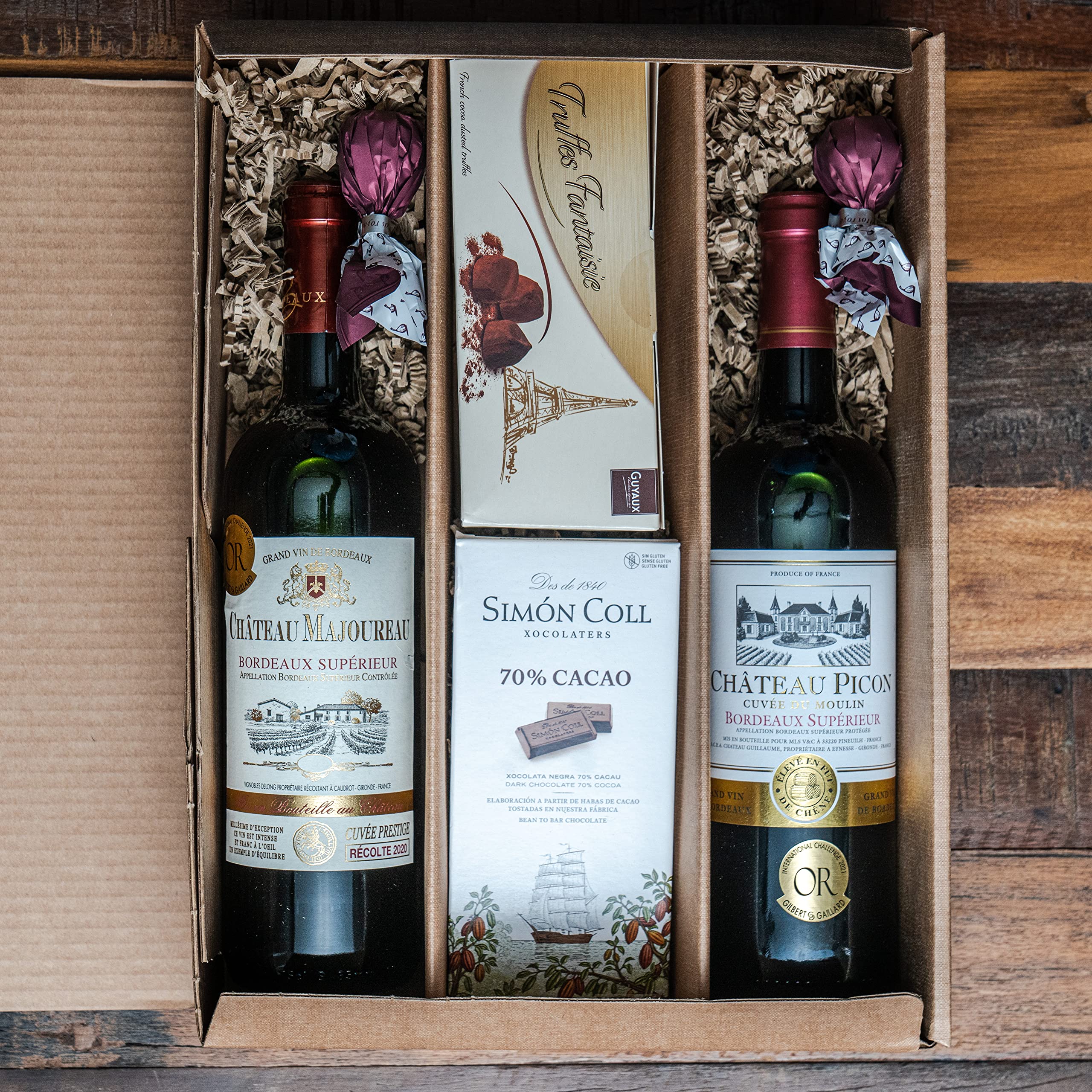 Geschenkset französische Genüsse | mit französischem Rotwein (Bordeaux) trocken | Schokoladen-Trüffel | Zartbitterschokolade | 2 x Feigen in Schokolade | Präsentkorb für Männer und Frauen