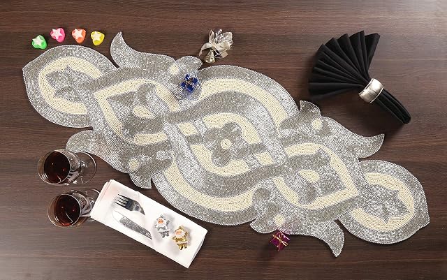 Light & Pro Beaded Table Runner 36inch, Glitz Table Runner, Decorative Farmhouse Table Runner, Rustic Bridal Shower Beaded Table Runner - Arch Design -13x36 Inch (31x91 Cms)- Silver Ivory