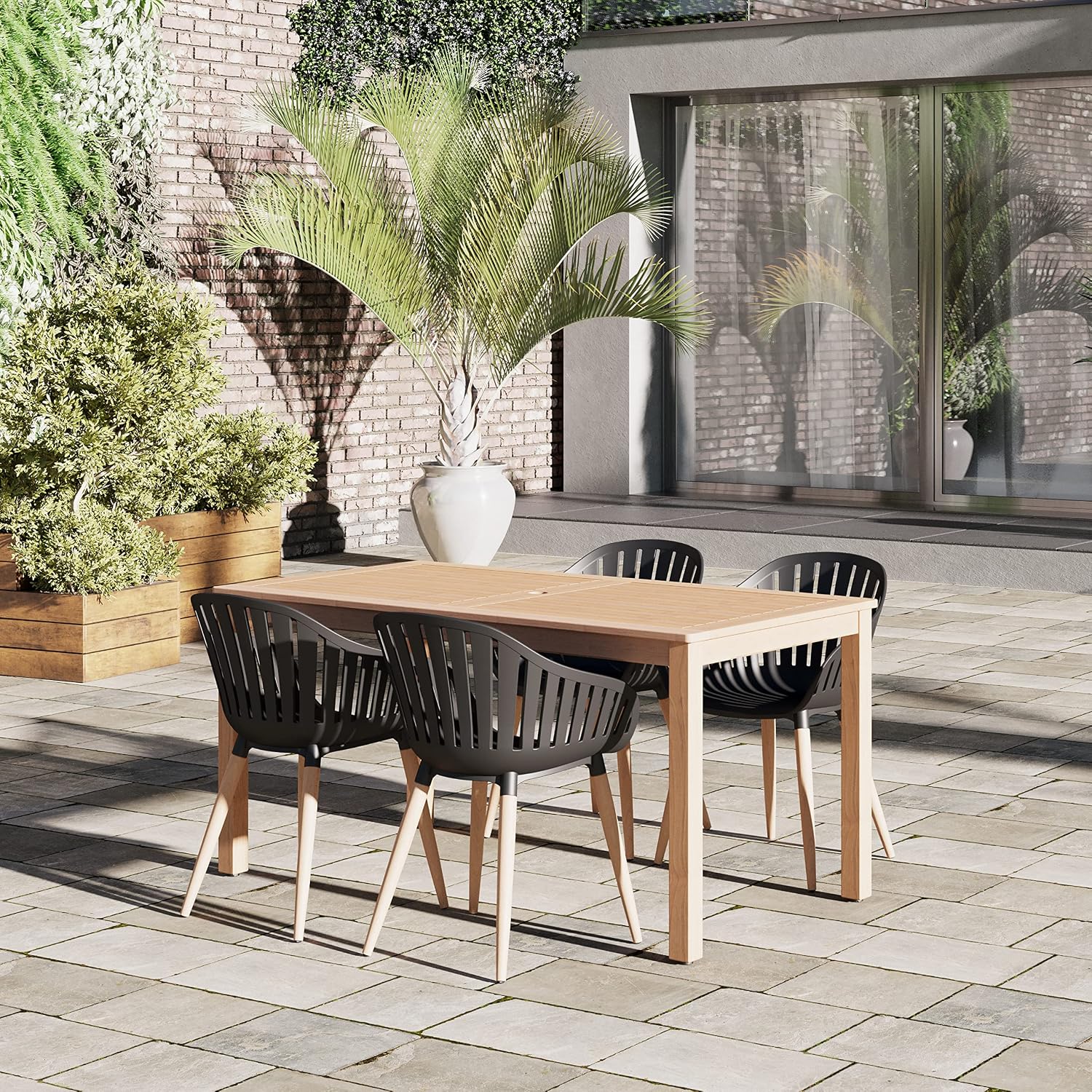 Urban Elements Vent Patio Chairs | Teak Finish 100% FSC Eucalyptus with a Stylish Black Resin Seat | Outdoor Dining Chairs, Outside Chairs Set, Ideal for Outdoors and Indoors (Black, 4-Piece)