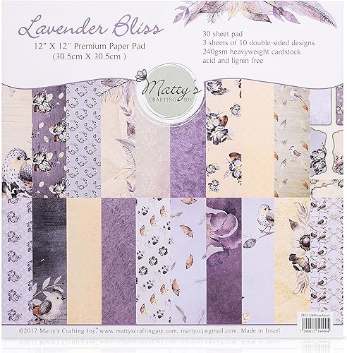 Matty's Crafting Joy Lavender Bliss - Bloc de papel de cartulina de doble cara de 12 x 12 pulgadas, 30 diseños florales de alta calidad, paquete de