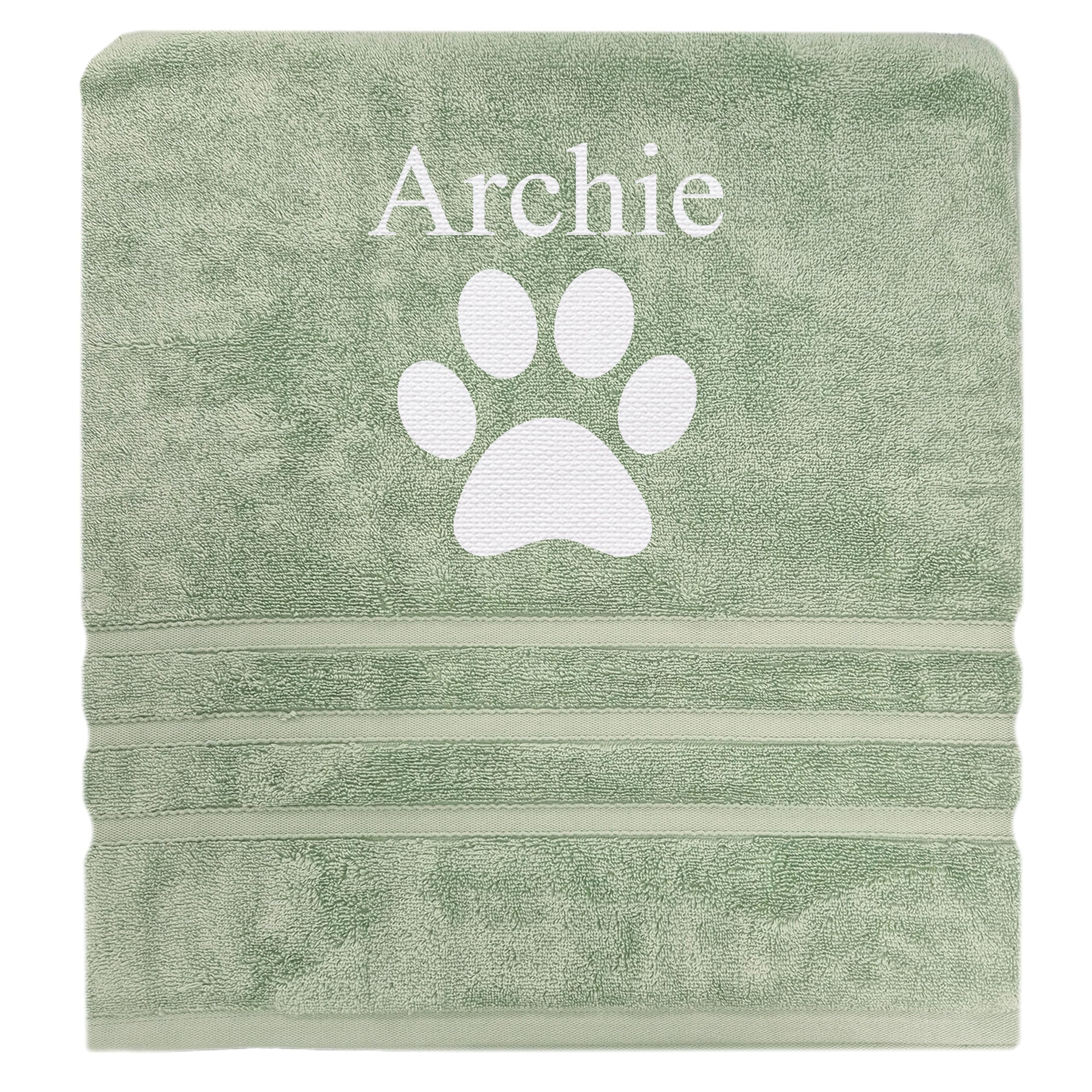 JJLC Personalised Dog Pet Towel Name Paw Print Bath Towel (Sage Green)