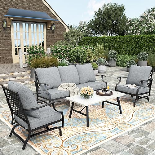 HERA'S HOUSE 4 Piece Patio Furniture Set, 2 x Rocking Metal Frame Cushioned Chair, 3-Seat Sofa with Marbling Coffee Table, All Weather Outdoor Conversation Set for Lawn Garden Backyard, Grey