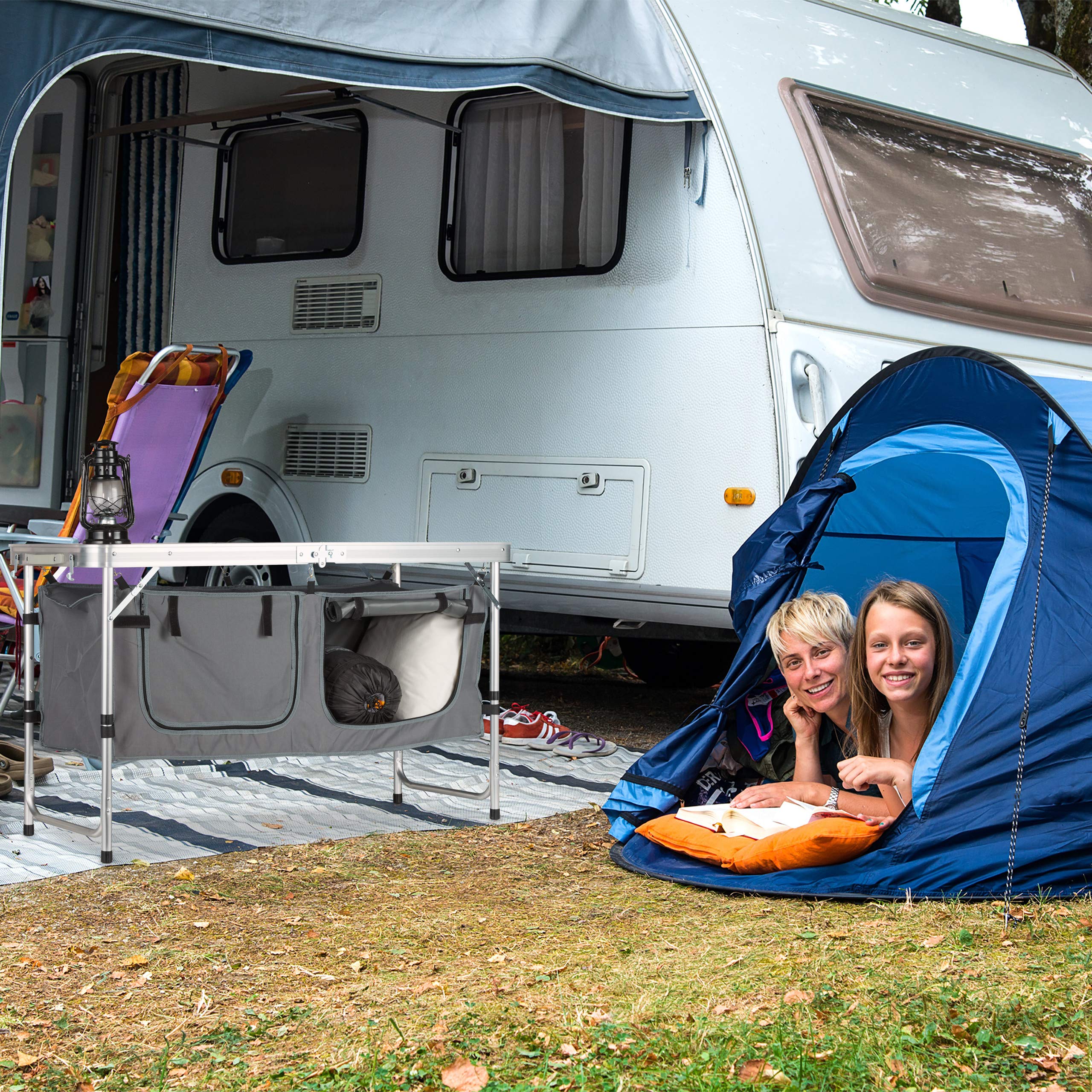 Relaxdays Campingtisch klappbar, höhenverstellbar, stabil, Campingschrank, Aluminium & MDF, BxT 120 x 47 cm, Silber/weiß
