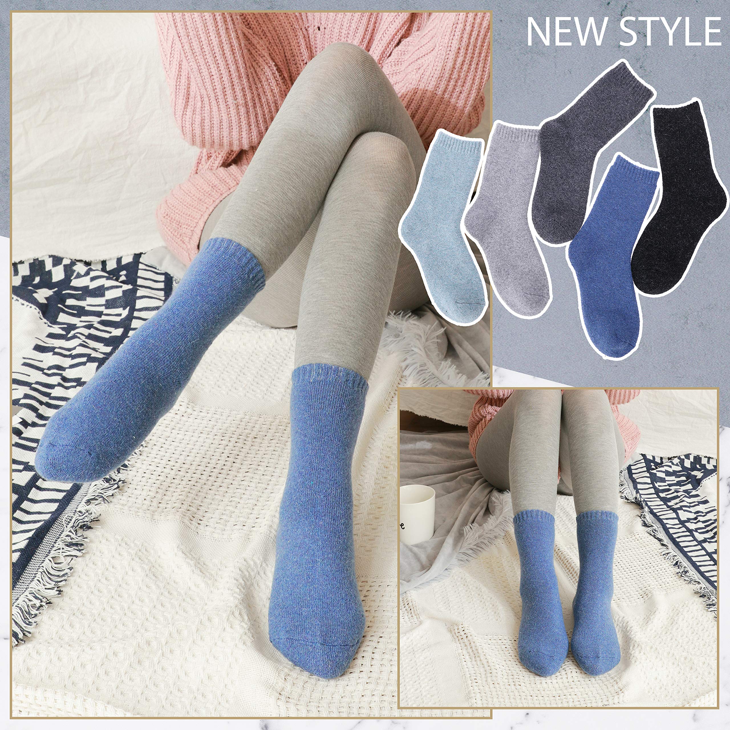 EBMORE 5 Pairs Women Merino Wool Boot Socks Thermal Hiking Winter Warm Thick Cozy Cabin Crew Comfy Socks for Ladies: One Size Solid Color(5 Pairs)