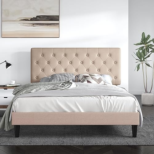 SHA CERLIN Queen Size Bed Frame with Button Tufted Headboard, Fabric Upholstered Mattress Foundation, Platform Bed Frame, Wooden Slat Support, No Box Spring Needed, Beige