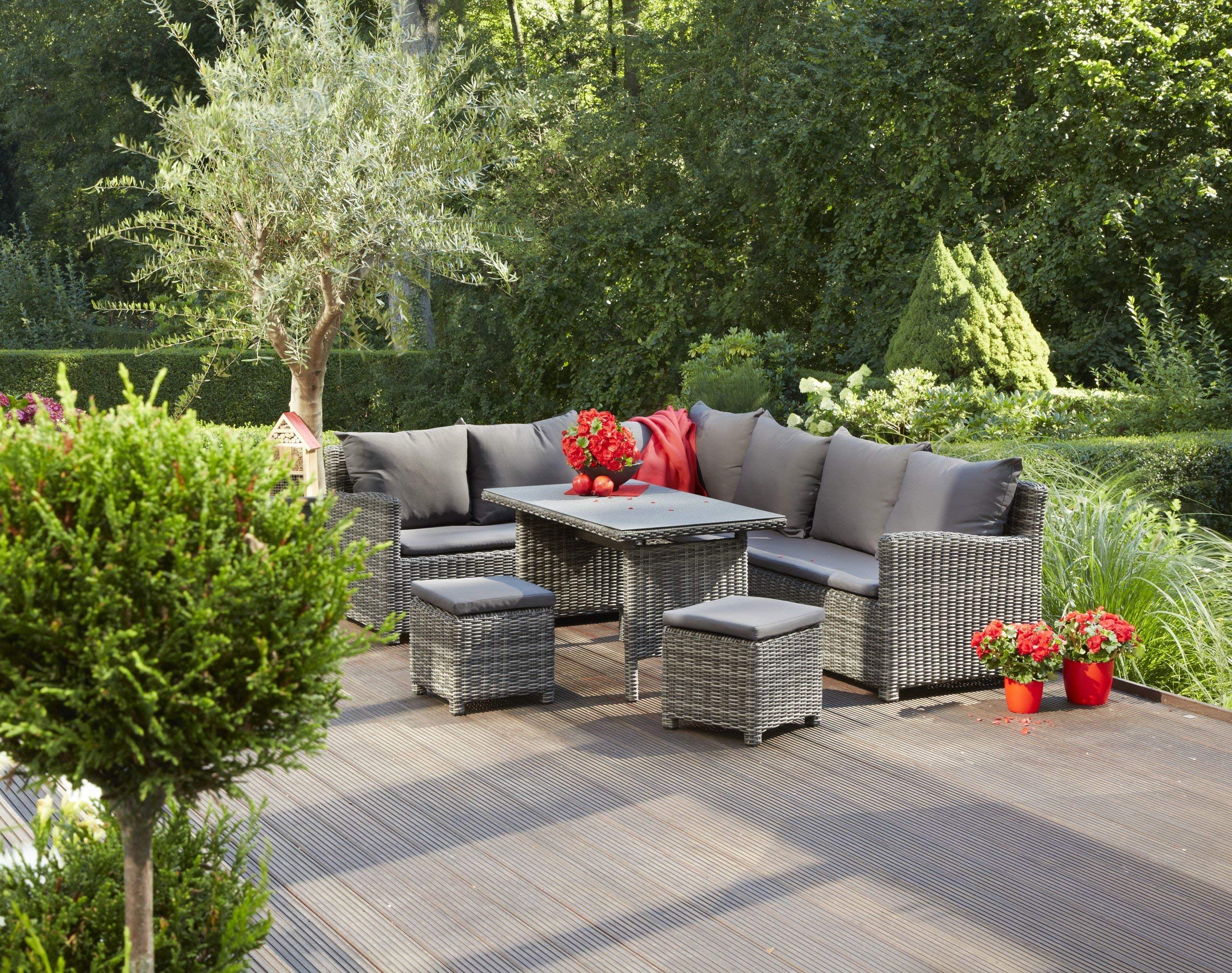 greemotion Salon de jardin anthracite en résine tressée 6 places Miami– Salon de jardin modulable avec table haute de jardin design et 2 poufs extérieurs - Salon d’été design et robuste