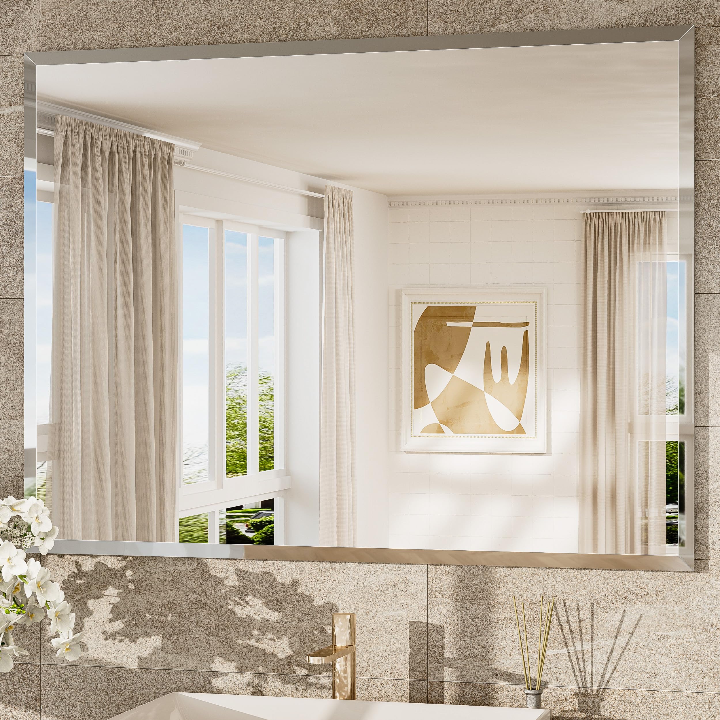 TokeShimi 48x36 Frameless Bathroom Mirror for Over Sink with 1" Beveled Edge, Tempered Bathroom Vanity Mirror Beveled, Shatterproof Rectangle Mirrored Wall Mounted for Living Room, Entryway