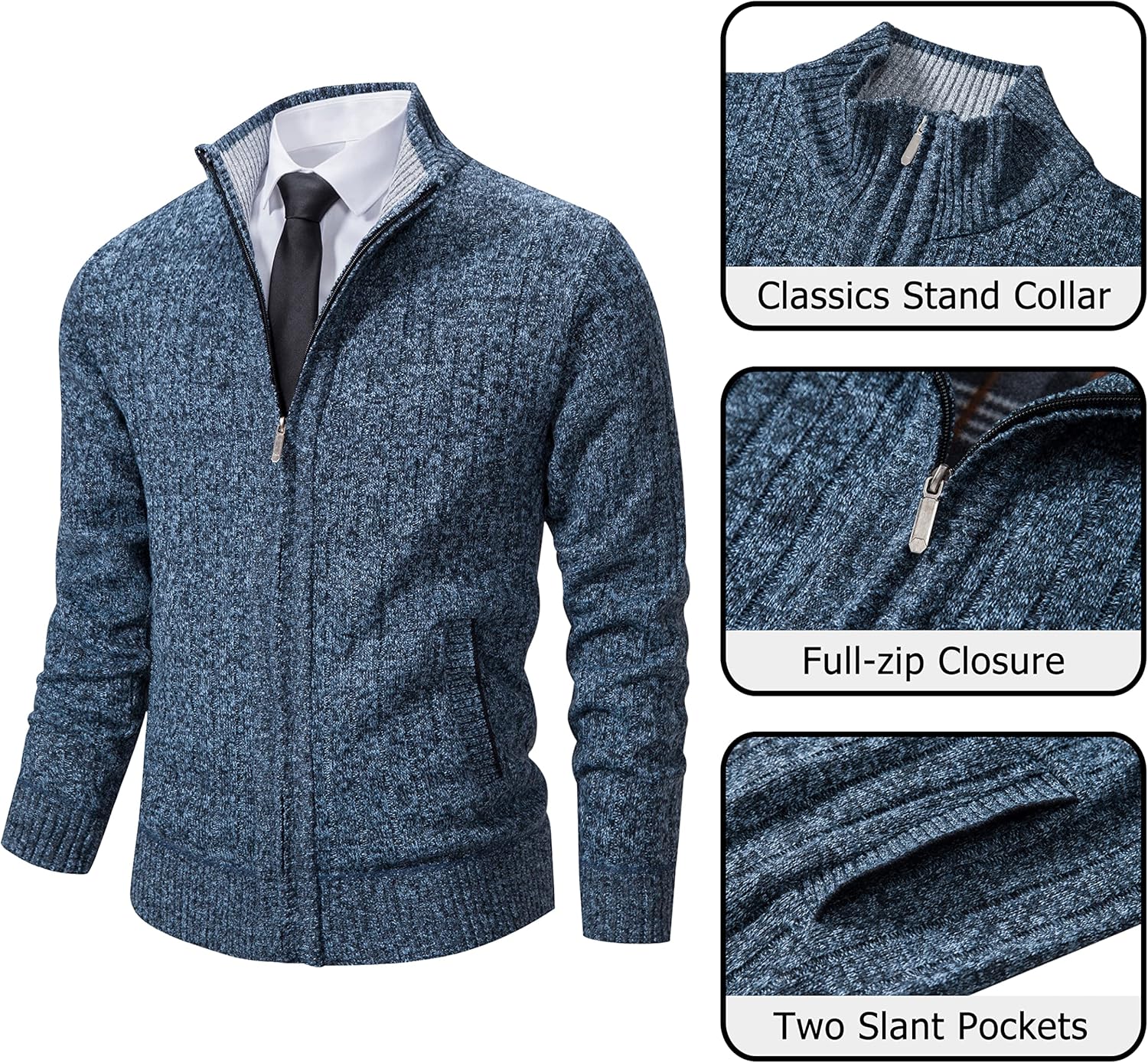 Vcansion Men's Slim Fit Full Zip Up Stand Collar Casual Knitted Sweaters Cardigan with Pockets - Image 3