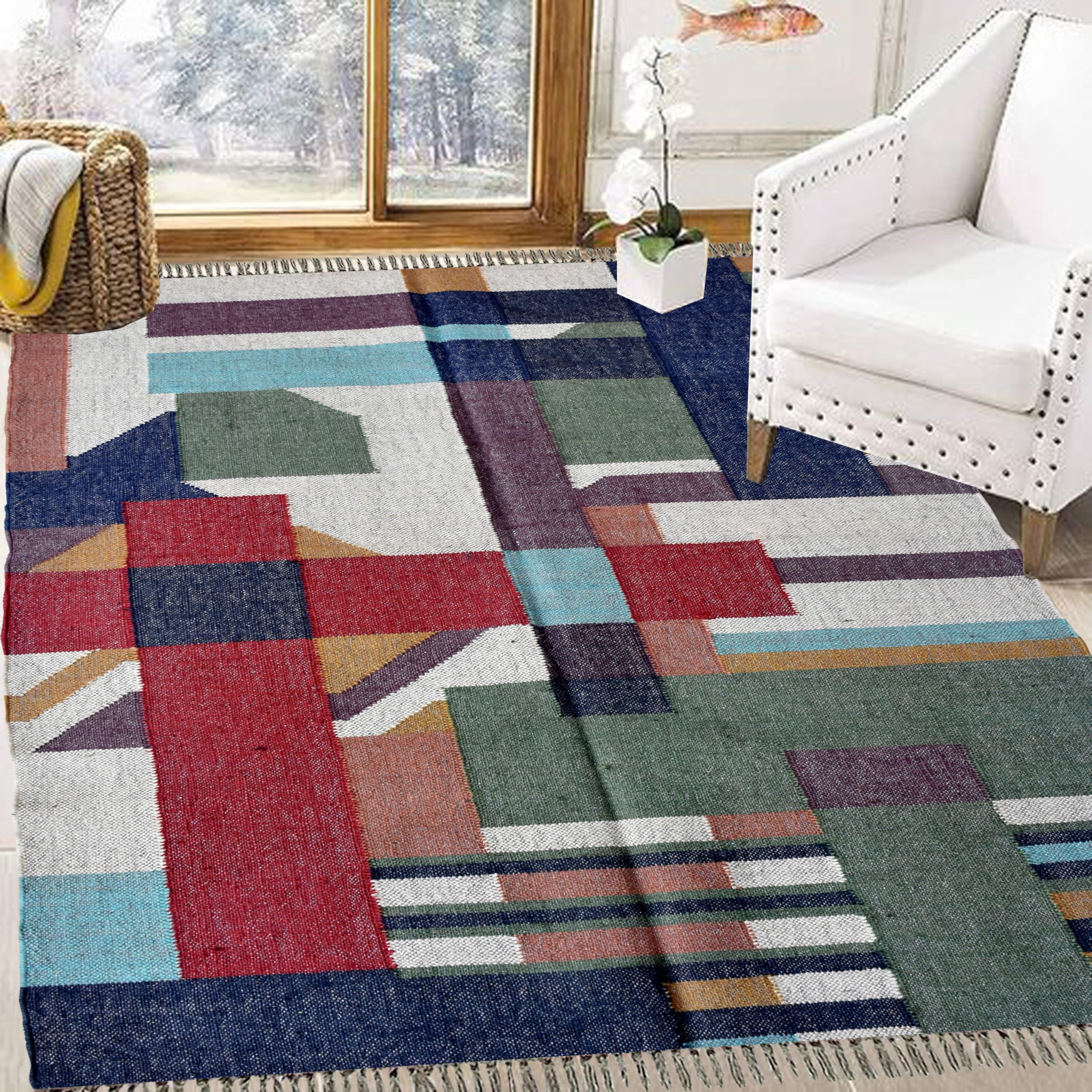 Bedroom Handwoven Dhurrie Rug | Living Roon Anchoor Design Wool & Jute Kilim Rug Indian Handmade Kilim 4x6 Feet.