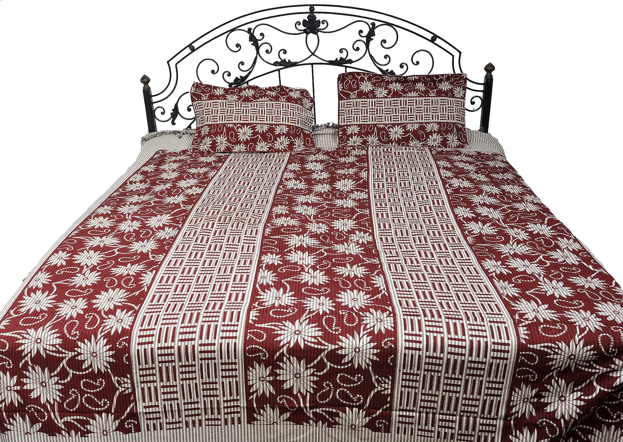 Exotic India Russet-Red and Cream Floral Printed Bedspread from Pilkhuwa - Pure Cotton with Pillow C-image-20