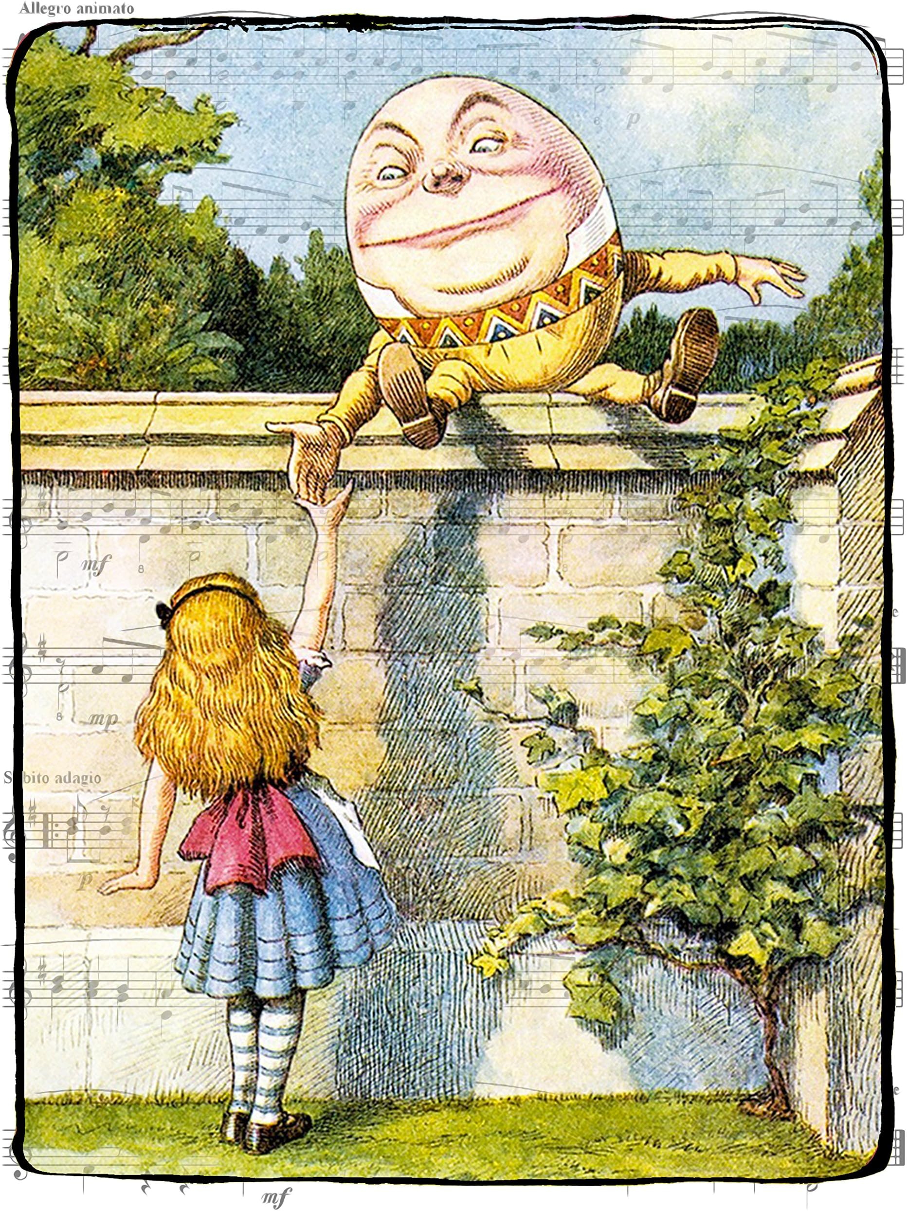 8x10 Humpty Dumpty and Alice, Alice in Wonderland Decorations, Fine Art Color Giclee Print of Alice and Humpty Dumpty, Overlaid on Sheet Music Artwork, Size: 8x10 (WAHD1Mu810)