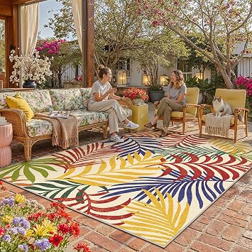 5x8 Outdoor Rug Washable Colorful Leaf Pattern Patio Carpet | Chenille, Durable, Non Slip, Non Shedding, Patio, Backyard, Camping, RV, Balcony, Poolside, Porch, Living Room, Bedroom