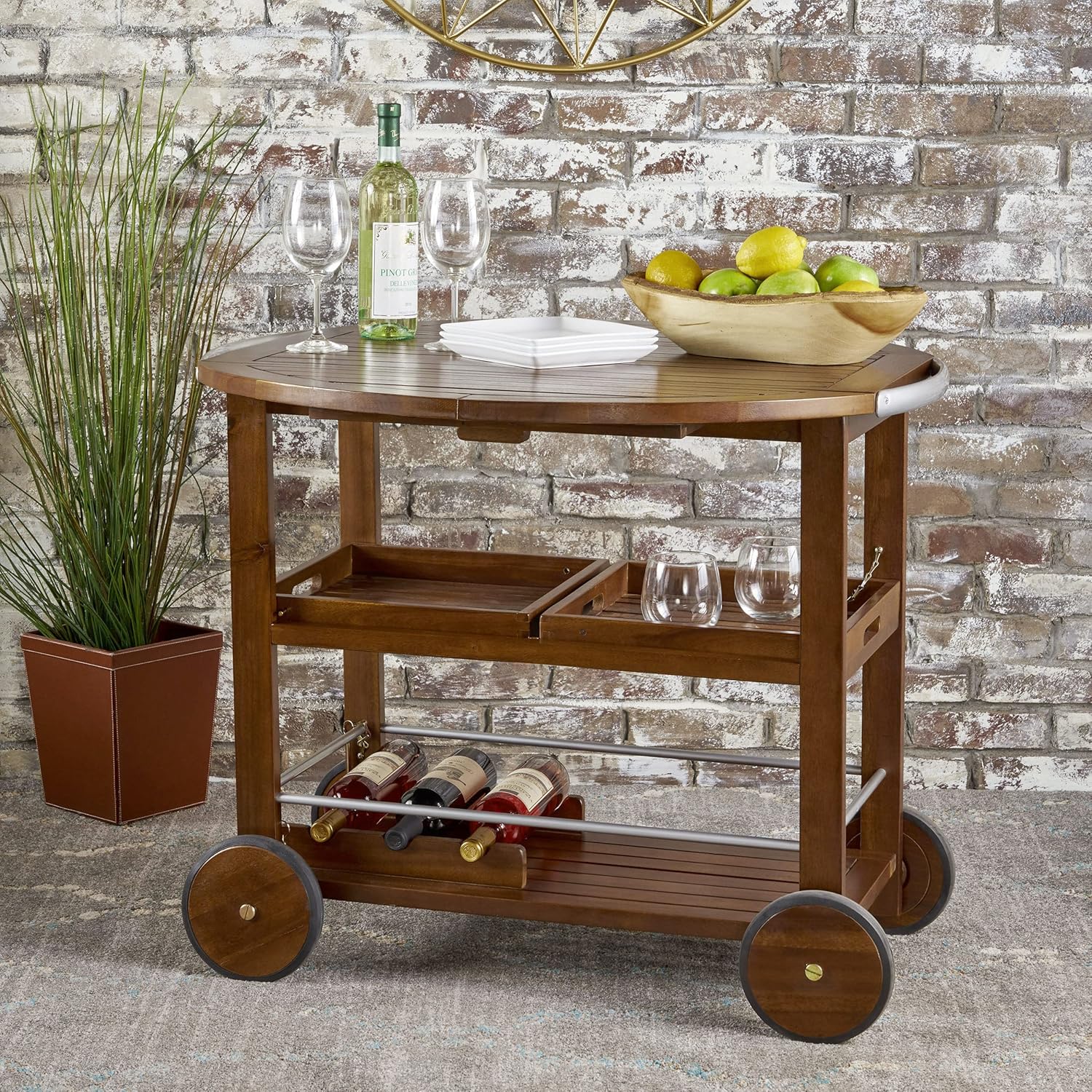 Christopher Knight Home Cynthia Indoor Farmhouse Cottage Acacia Wood Bar Cart, Dark Oak / Shiny Powder Coating - Bar & Serving Carts