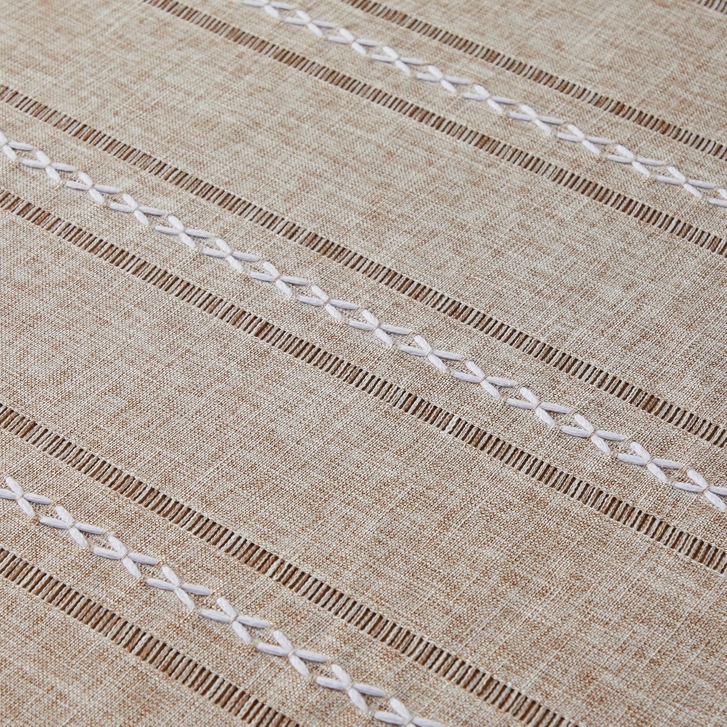 ZeeMart Hemstitched Embroidery Striped Boho Tablecloth 60 Inch Round Natural, Heavy Weight Farmhouse Burlap Linen Neutral Tablecloth, Wrinkle Resistant Washable Table Cloth for Round Table
