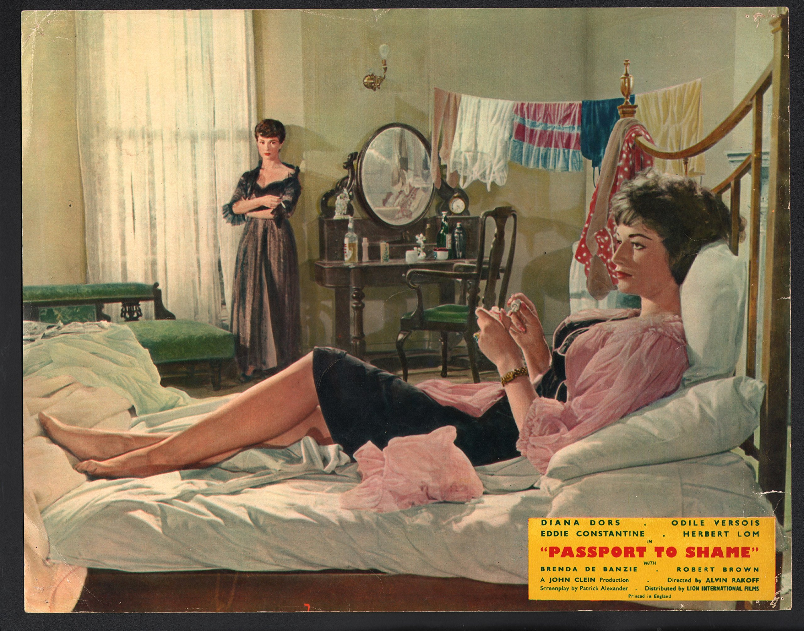 MOVIE POSTER: Passport to Shame Lobby Card-Diana Dors painting her nails in bed