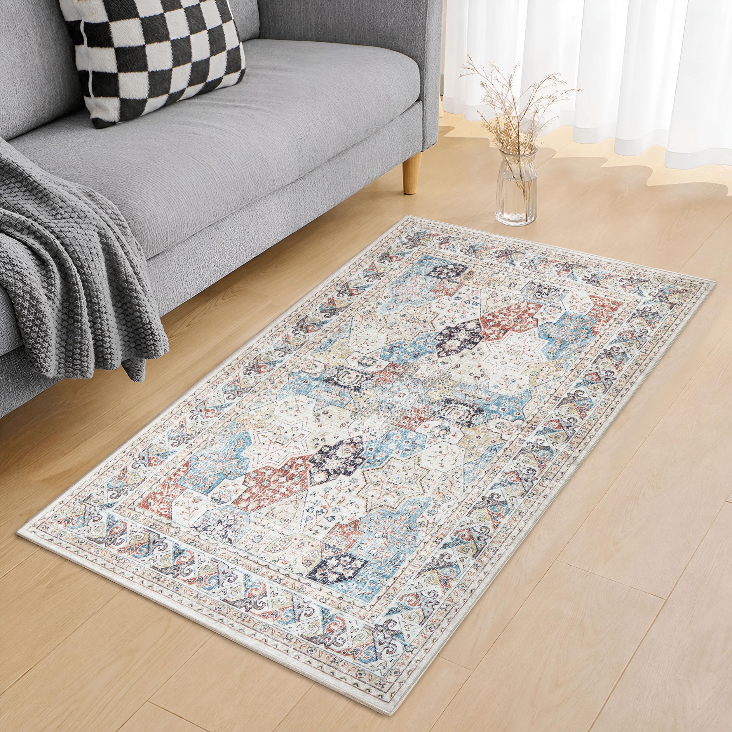 Hafaa Washable Rugs Living Room Small 60x110 cm – Soft Short Pile Abstract Cream Area Rugs For Bedroom Kitchen Carpet Non Slip Bedside Rug Traditional Vintage Boho Cashmere Rug, Coastal — image 1