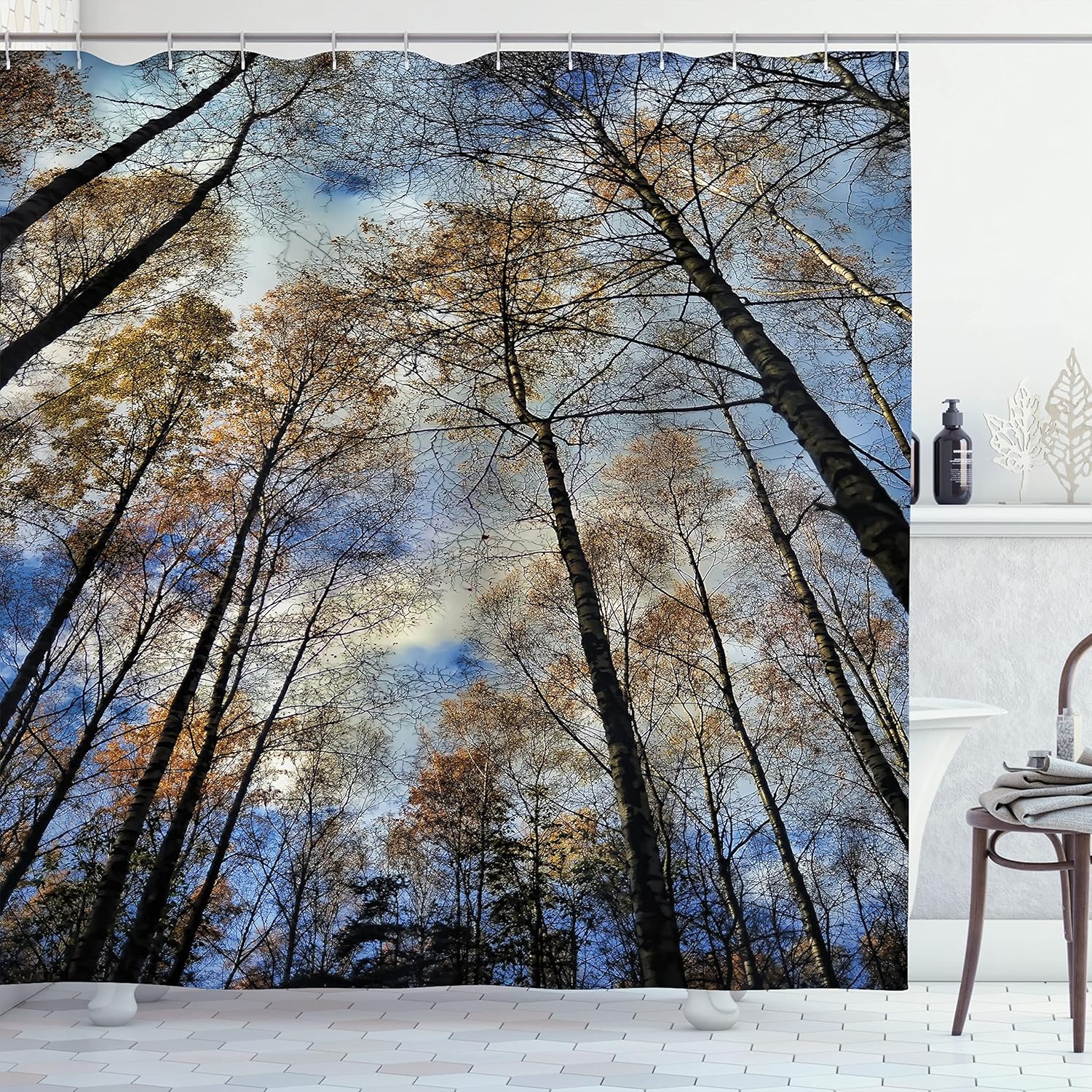 Ambesonne Fantasy Shower Curtain, Tree Tops Against The Sky Majestic Pines Scary Radiant Nature View Tranquil Print, Cloth Fabric Bathroom Decor Set with Hooks, 69" W x 70" L, Blue Brown