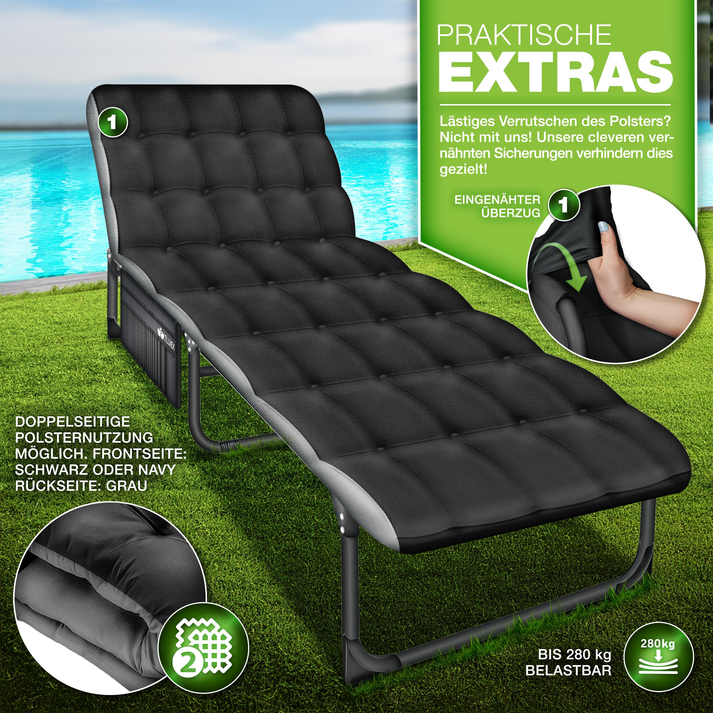 tillvex® Lettino da campeggio pieghevole con borsa per il trasporto e cuscino cervicale fino a 280 kg | Lettino da campeggio con imbottitura | Letto pieghevole per gli ospiti giardino campeggio