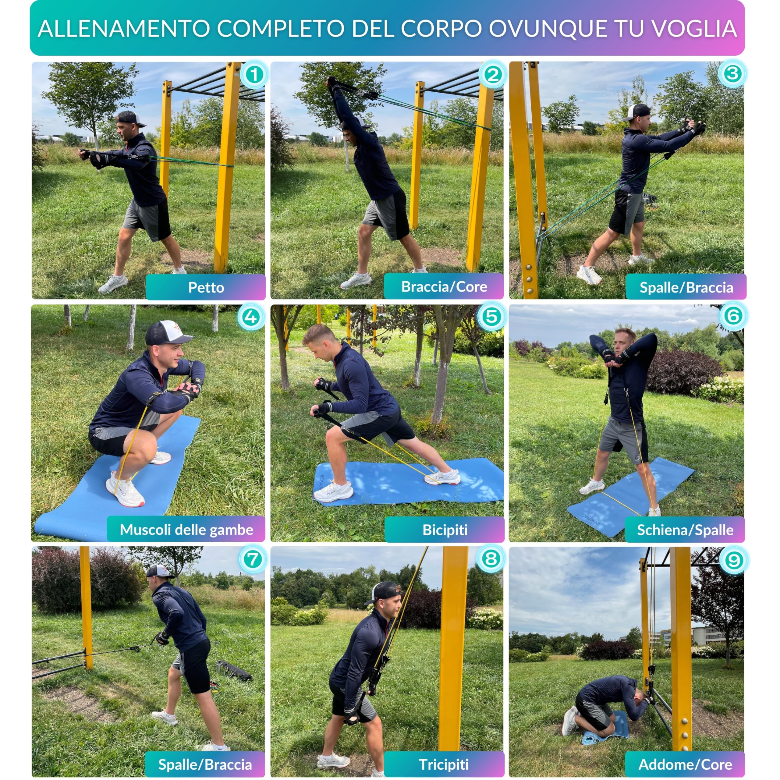 Kit 5 Elastici Fitness - Bande Elastiche Fitness con Maniglie per Allenamento a Casa - Piano PDF 30 Giorni - Set di Elastici per Esercizi Uomo Donna in Lattice Naturale Durevoli e Sicuri