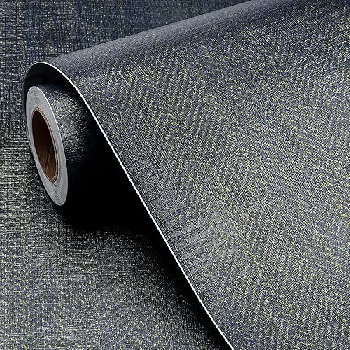 Miniatura 7 de FunStick Papel tapiz dorado azul marino para despegar y pegar, papel tapiz de tela de espiga texturizada, papel de pared para dormitorio, baño,