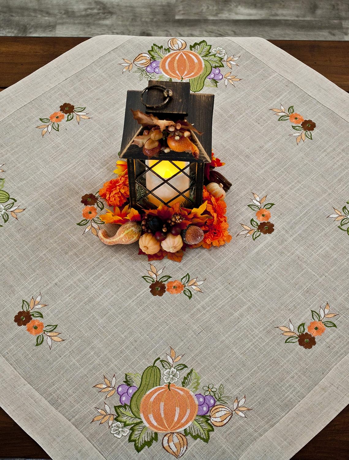 Fall Embroidered Pumpkin and Grapes on Beige Polyester Blend Linen with Border Hem and Fall Flowers (33Wx33L)