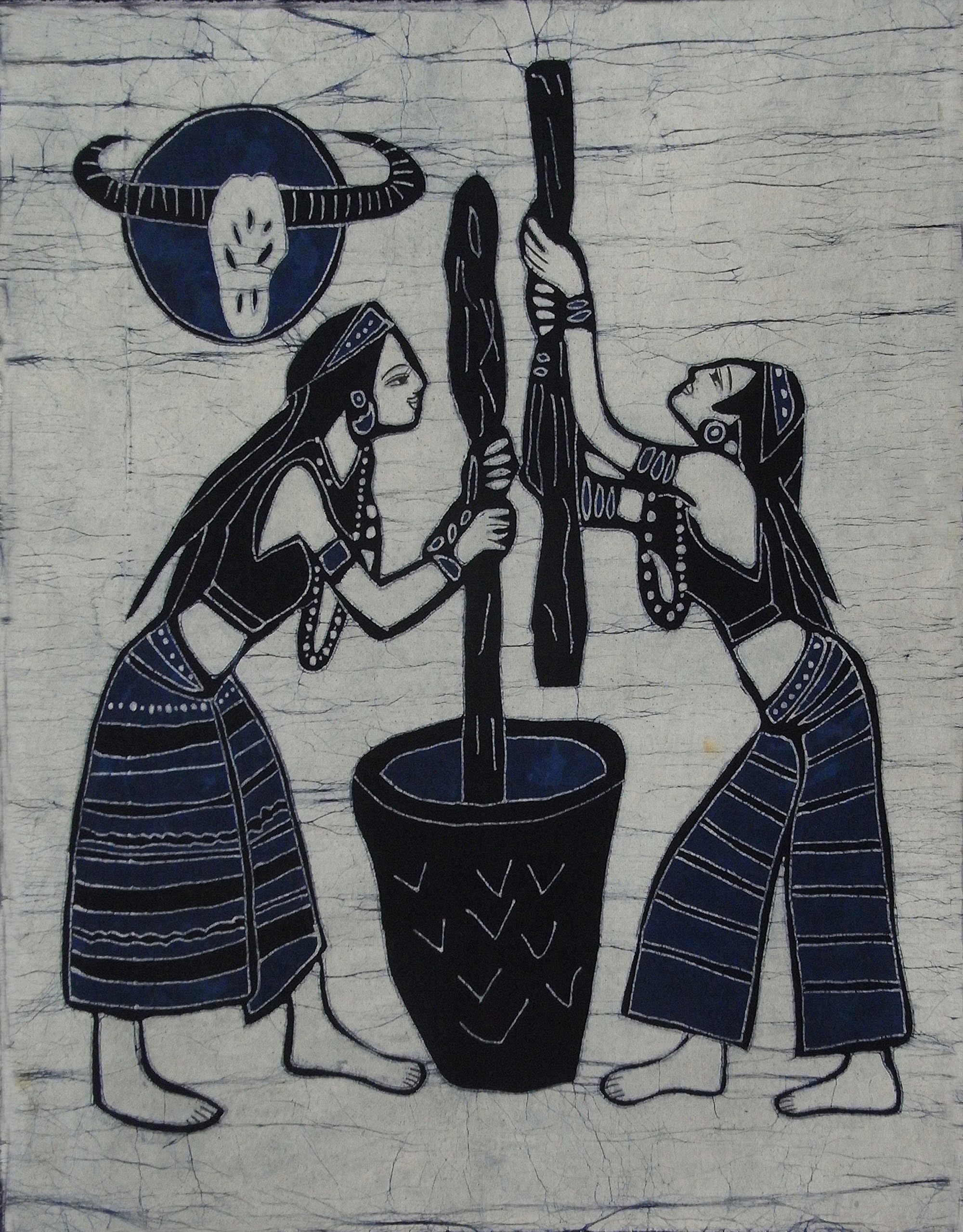 Husking Rice - Pastoral Life Series Handmade Monochrome Batik Tapestry Decorative Painting Wall Decor 36 x 28 inches
