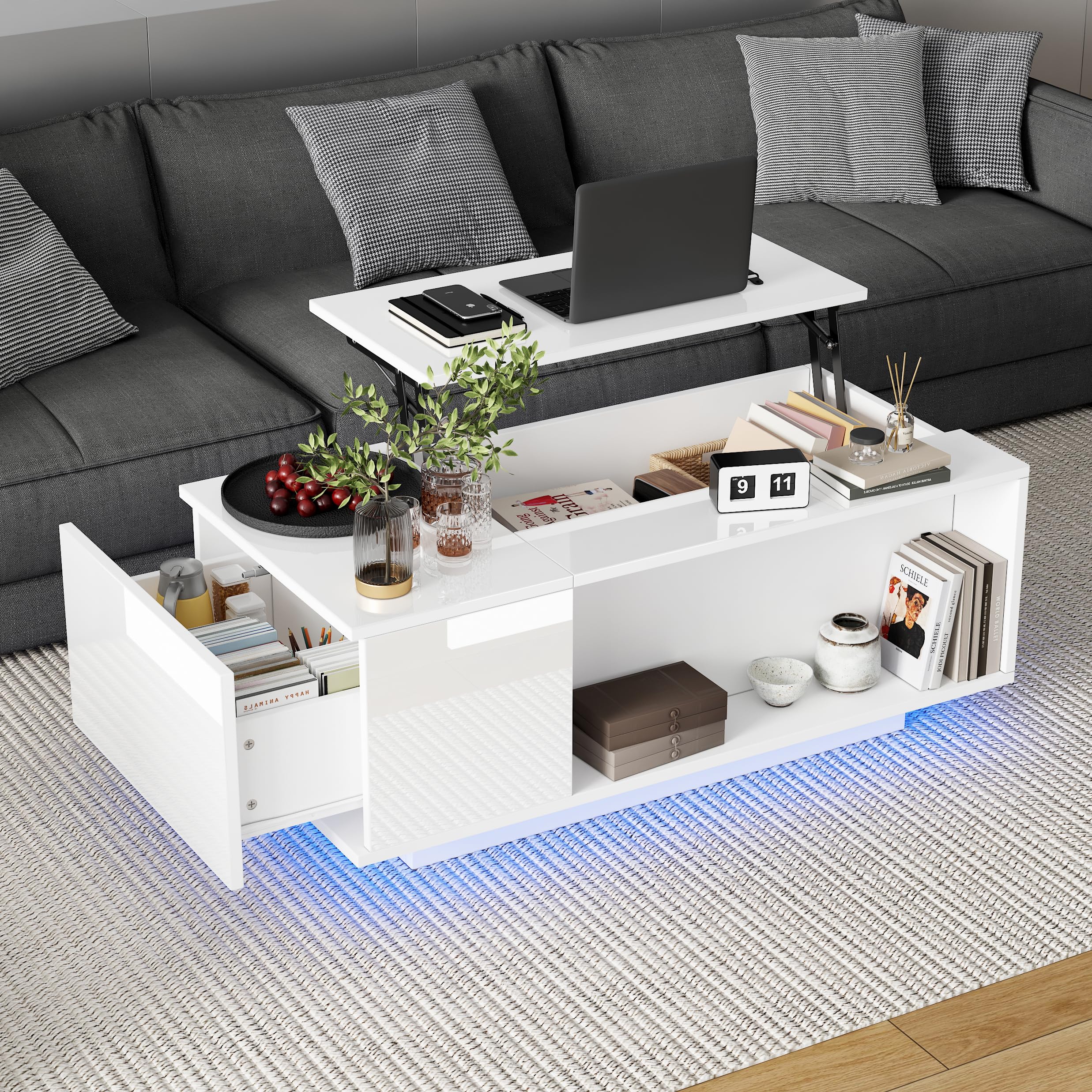 Merax Couchtisch mit Höhenverstellbarer Platte, Modern Hochglanz Wohnzimmertisch mit LED, Sofatisch Kaffeetisch mit Schubladen, Versteckte & offene Stauraum, Rechteckig Mitteltisch Beistelltisch, Weiß