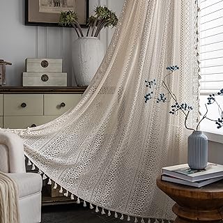 Sutuo Home Beige Boho Curtains Crochet Lace Semi-Sheer Bohemian Hollow K...