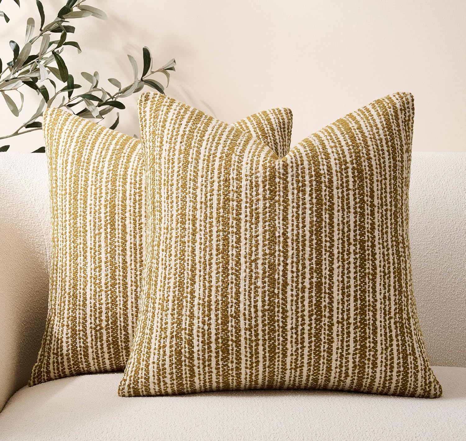 Throw Pillow Covers Set of 2 22x22 Inch Textured Boucle Pillow Covers, Soft Stripe Chenille Decorative Grey Covers for Couch Sofa Bed Living Room, Neutral Farmhouse Covers, Home Boho Decor
