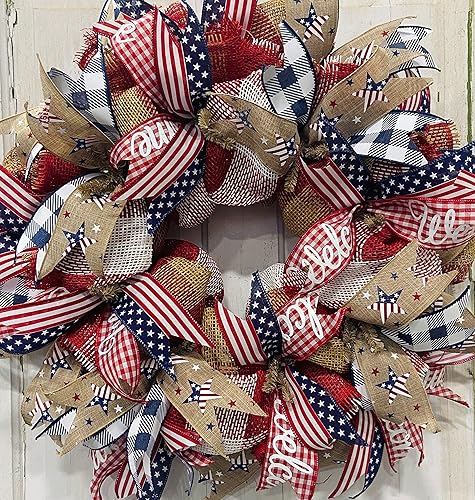 Miniatura 3 de 24" Round Patriotic Mesh Front Door Wreath with Welcome Sign Insert Option, Heavy Wire Base, Lots of Ribbon
