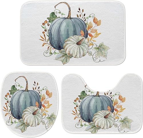 Juego de 3 alfombras de baño de granja con hojas de arce y calabaza, juego de baño con alfombra de contorno antideslizante, cubierta oblonga para