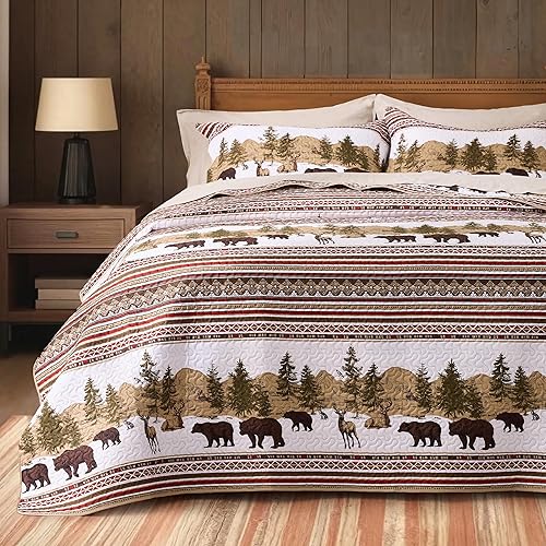 PPOLCA Juego de edredón de cabaña de Navidad, juego de cama de oso rústico, para todas las estaciones, colcha reversible ligera con funda de almohada PPOLCA Juego de edredón de cabaña de Navidad, juego de cama de oso rústico, para todas las estaciones, colcha reversible ligera con funda de almohada