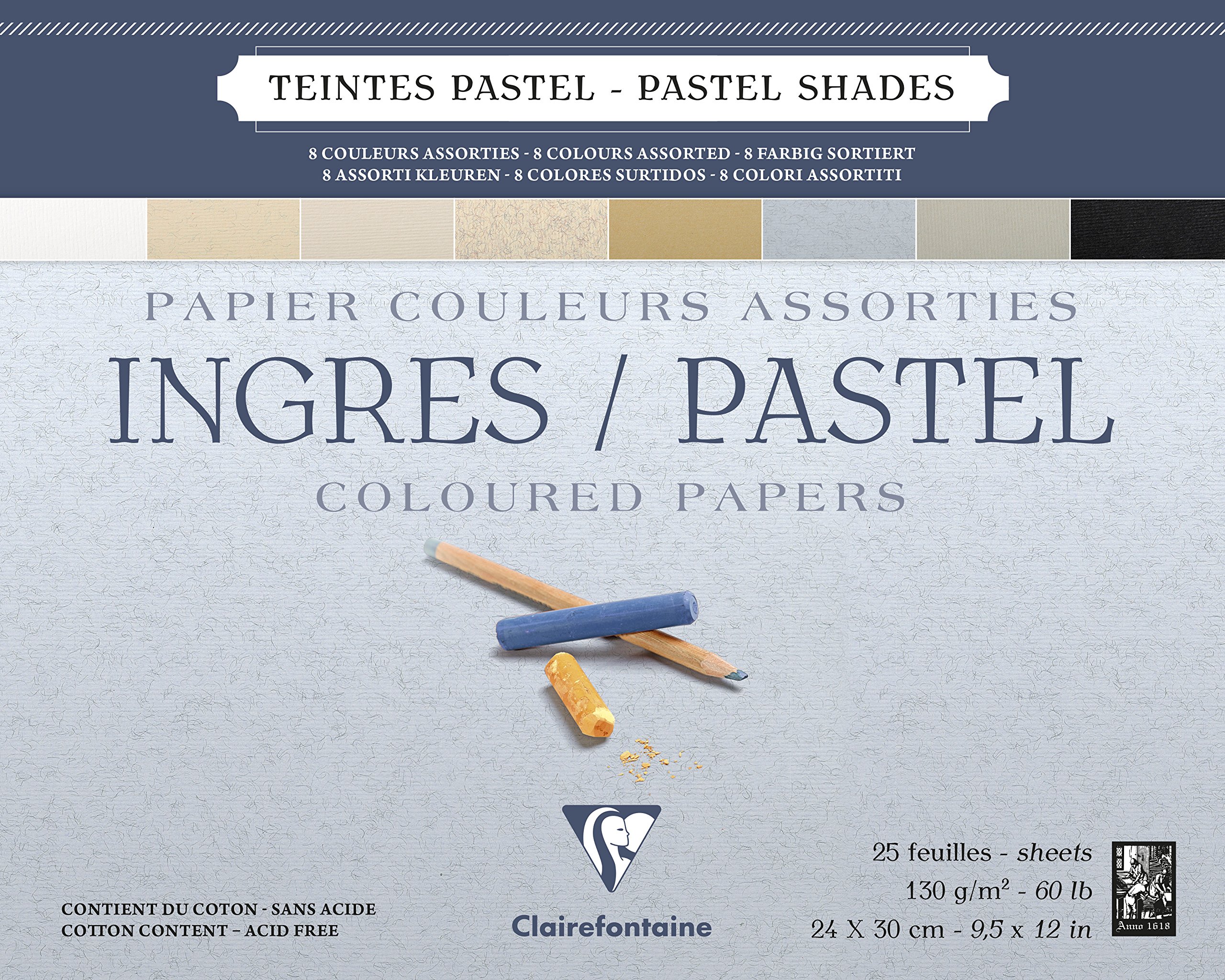 Clairefontaine - Ref 96487C - Ingres Pastel Colour Glued Pad (25 Sheets) - 24 x 30cm Size, Cotton Content, Acid Free, 130gsm Paper - Assorted Pastel Colours
