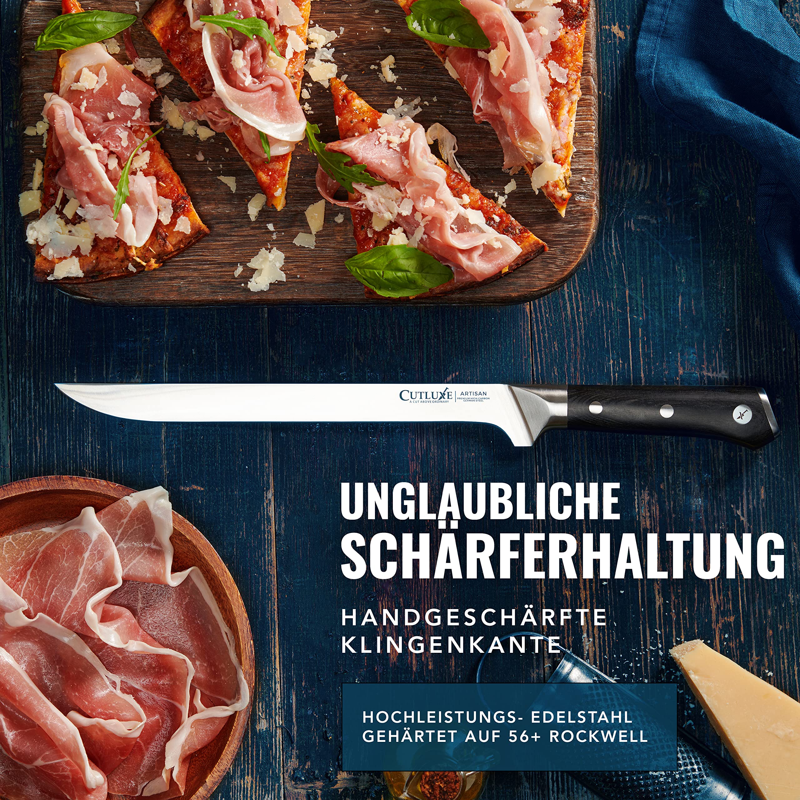 Cutluxe Schinkenmesser - 25cm Tranchiermesser für Fleisch und BBQ - Scharfes Messer aus deutschem Stahl - Volltang und ergonomisches Griffdesign - Artisan Serie