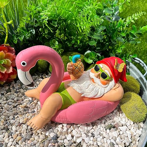 Miniatura 3 de Mood Lab Gnomo de jardín en flamenco, divertida figura de gnomo, estatua de césped de 8 pulgadas de profundidad, para decoración al aire libre o de