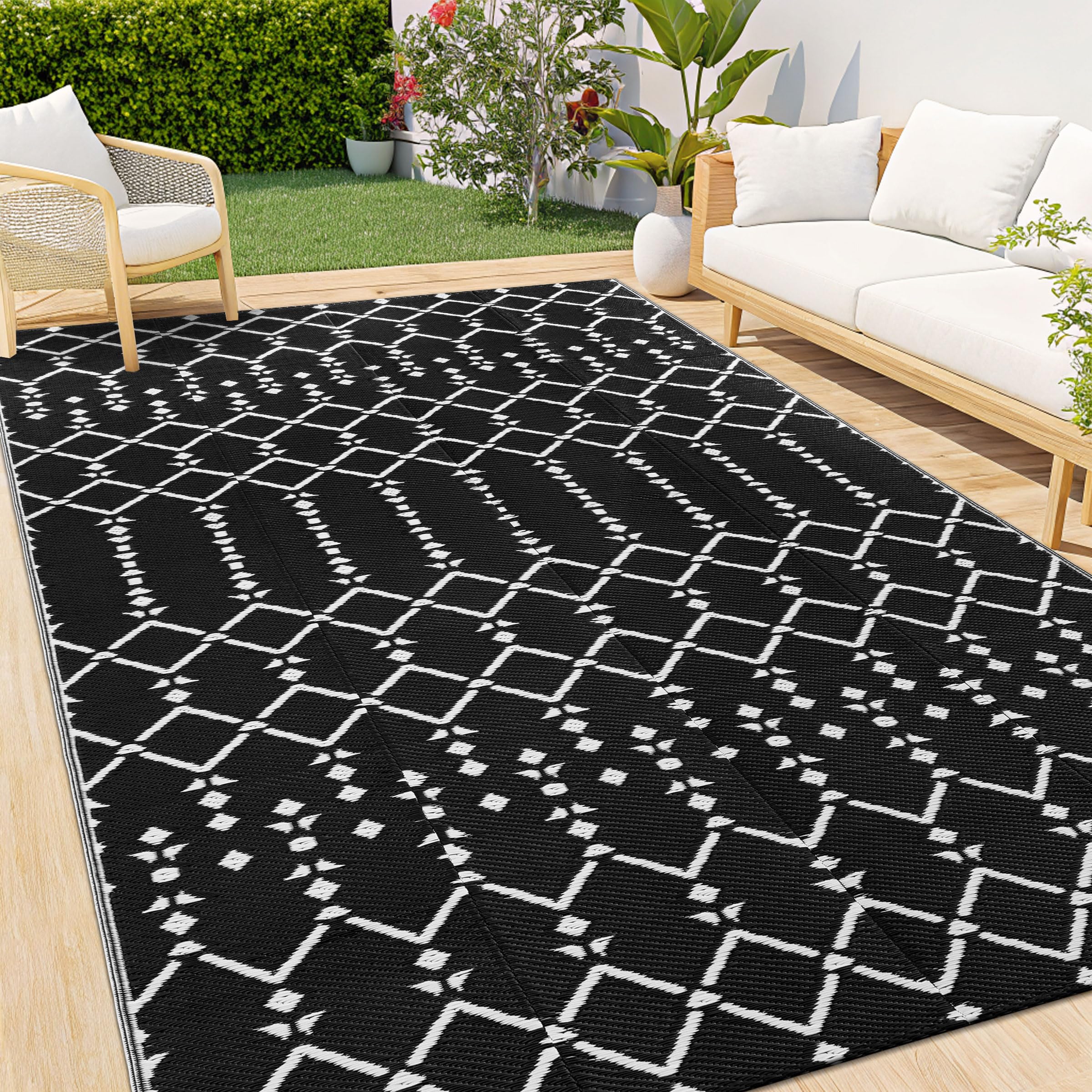 Homaxy Tappeto da esterno 240 x 300 cm, impermeabile e reversibile, in plastica, stile bohémien, tappetino da esterno per patio, cortile, terrazza, picnic, spiaggia, campeggio, nero