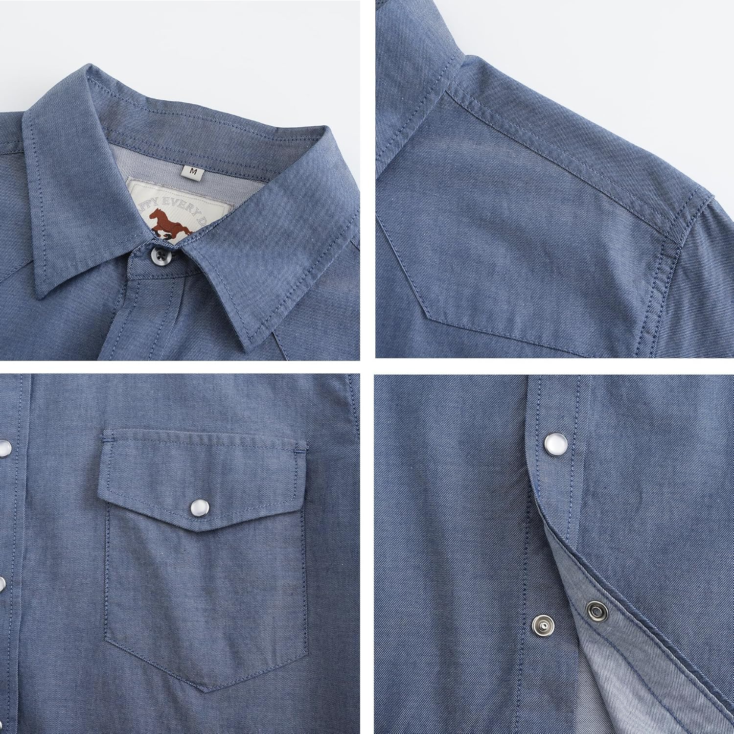 Pearl snap Men's Denim Shirts Short Sleeve Western Cowboy Button up Solid Work Cotton Shirts - Image 2