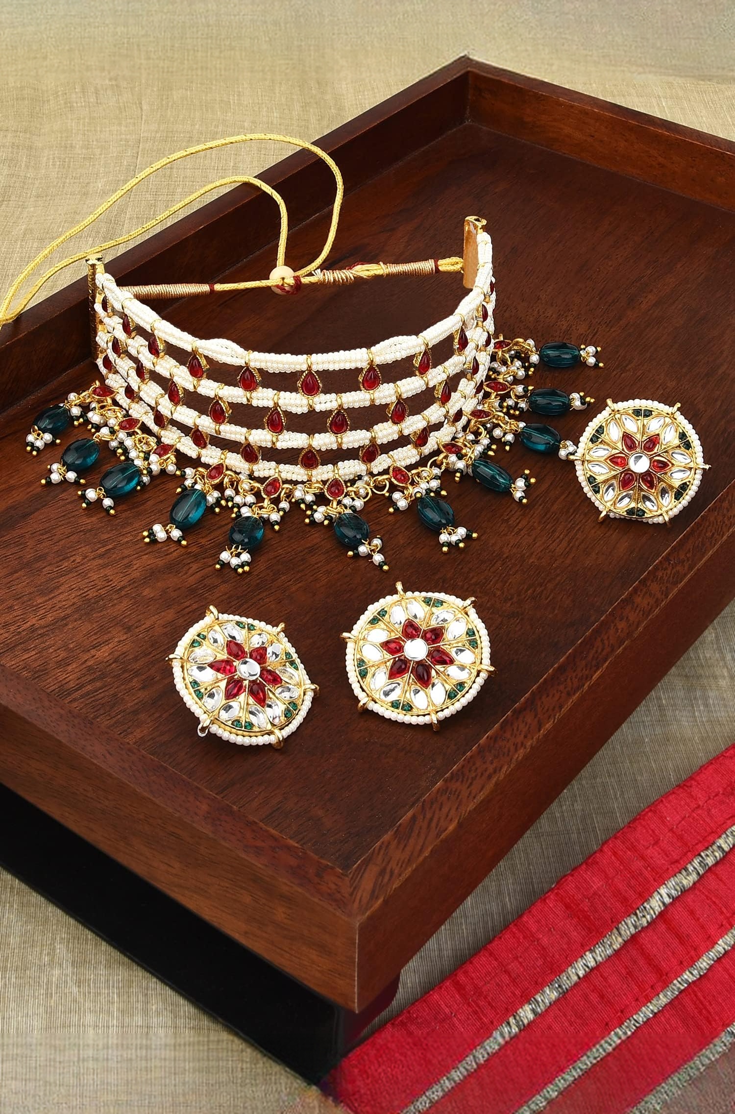 Pink Kundan & Green Beads Choker Necklace Earring & Ring Set For Women-ZPFK11071