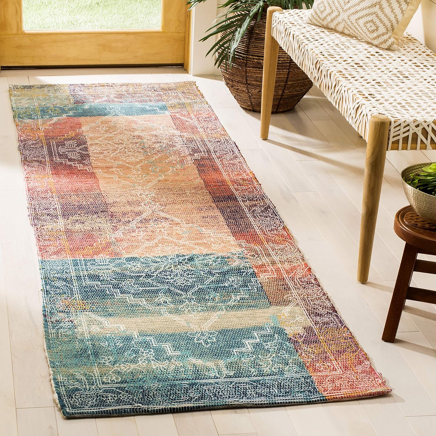 SAFAVIEH Saffron Collection Runner Rug - 2'3" x 8', Coral & Aqua, Handmade Boho Chic Distressed Cotton, Ideal for High Traffic Areas in Living Room, Bedroom (SFN592A)