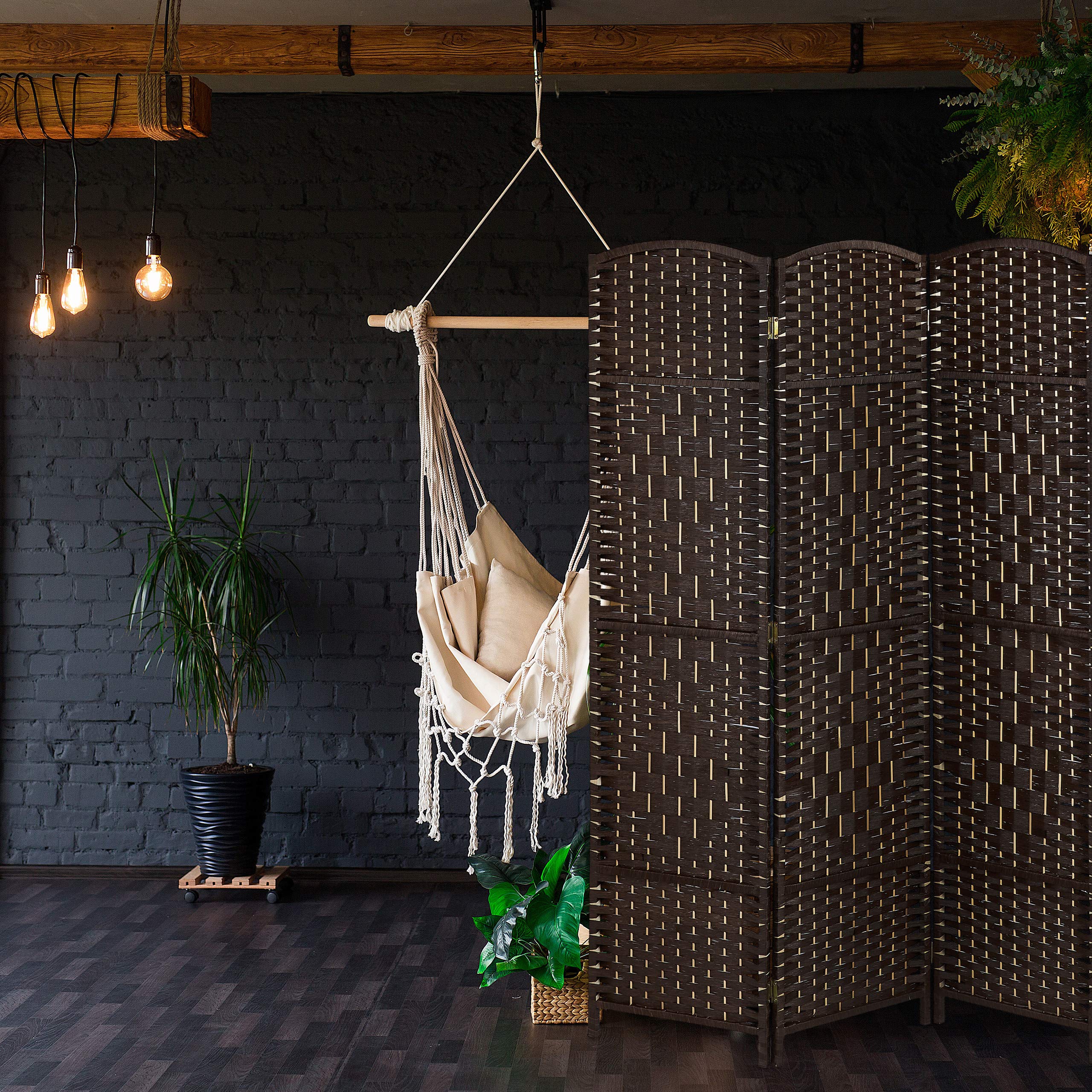 Relaxdays Biombo 4 Paneles, 170 x 160 cm, Separador Ambientes Plegable, Madera y Cuerda de Papel, Mampara en Marrón