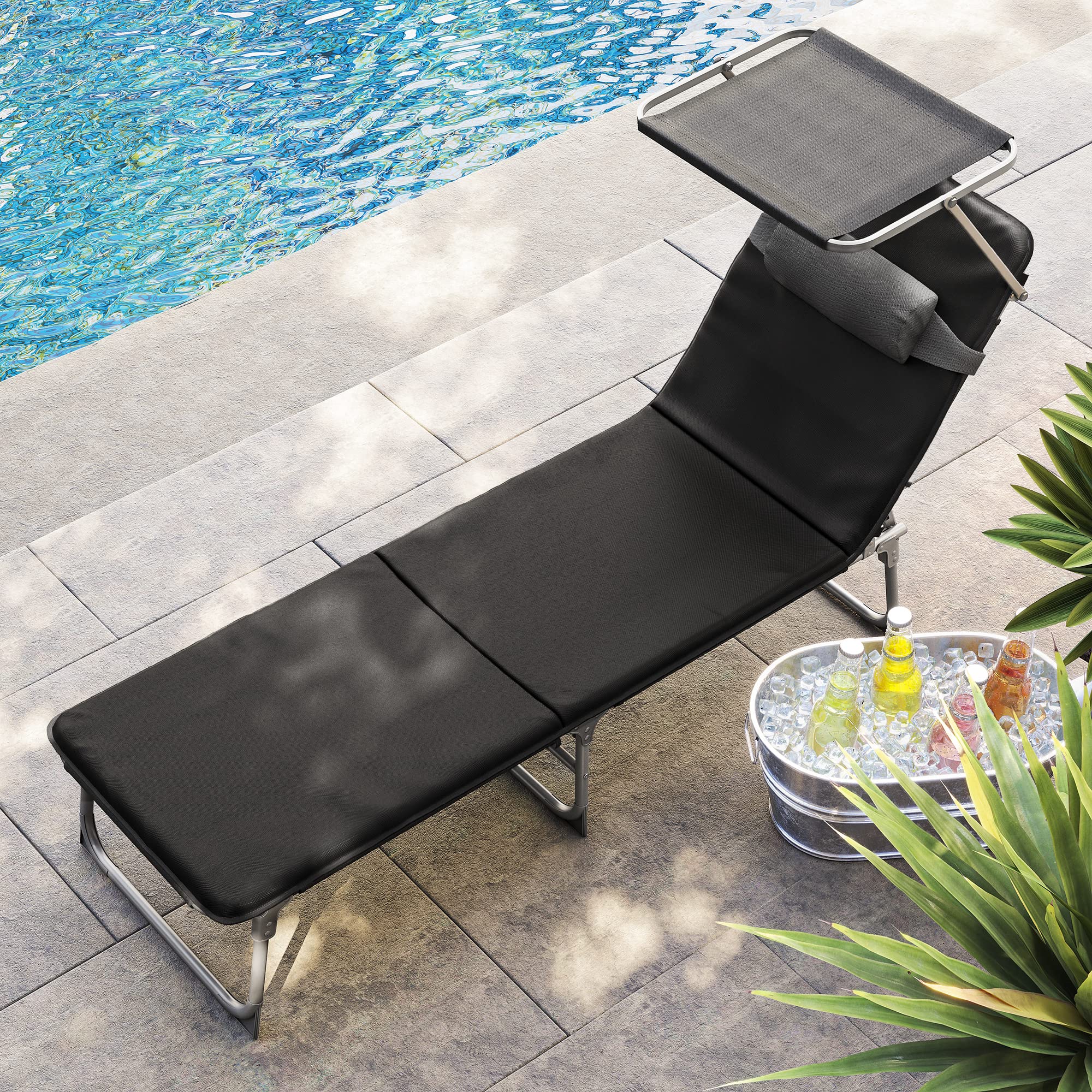 SONGMICS GCB193B01 składany leżak plażowy, 53 x 193 x 29 cm, obciążenie do 150 kg, ochrona przed słońcem, zagłówek, regulowane oparcie, nakładka na ogród, basen, taras, szaro-czarny