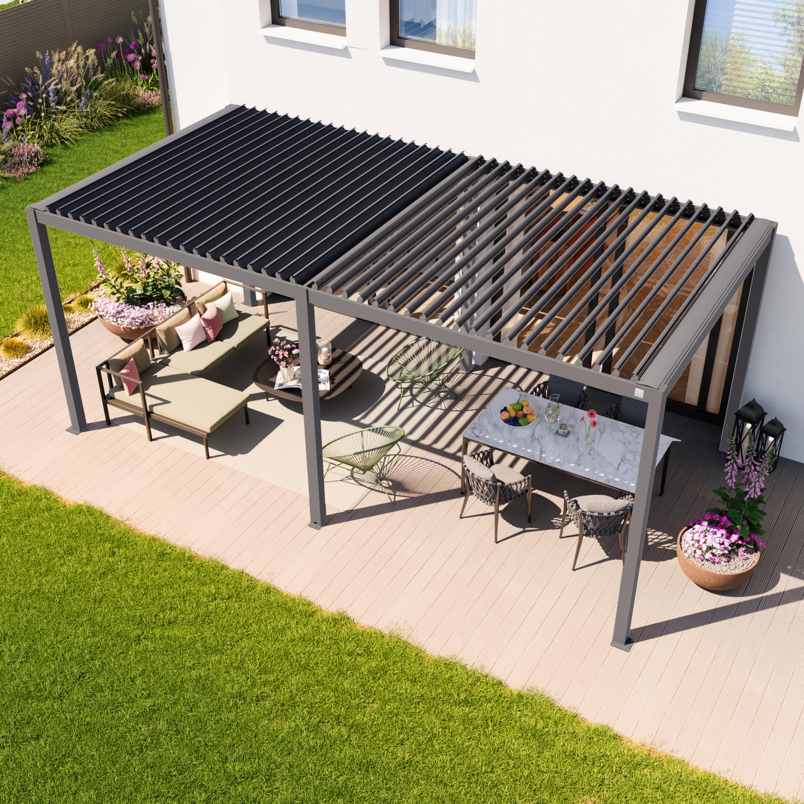 PRIMEYARD Pergola 3x6 m montanti in alluminio con tetto a doghe in acciaio gazebo da giardino grigio