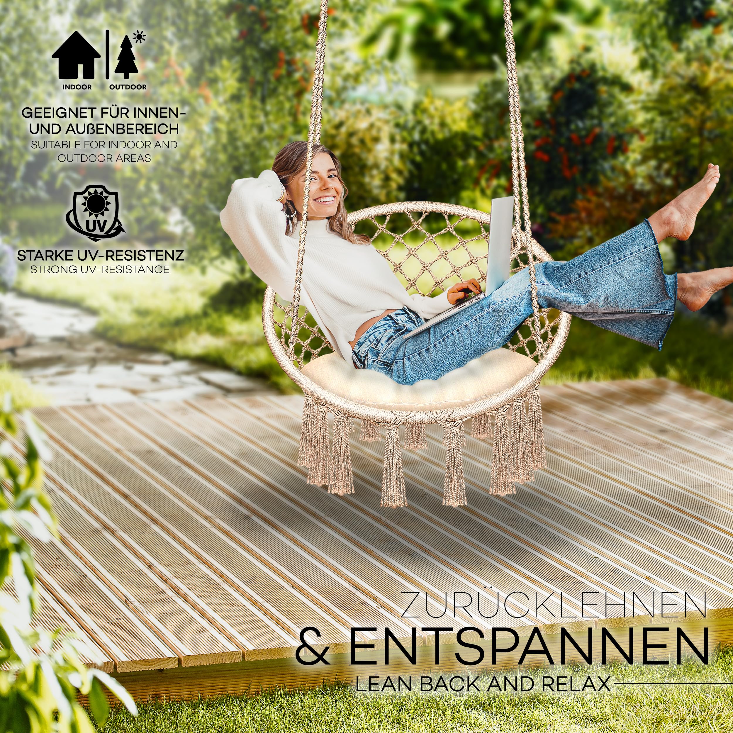 tillvex Hängesessel 200kg zum Aufhängen | Hängestuhl Indoor & Outdoor | Hängekorb wetterfest | Schaukelkorb mit Kissen