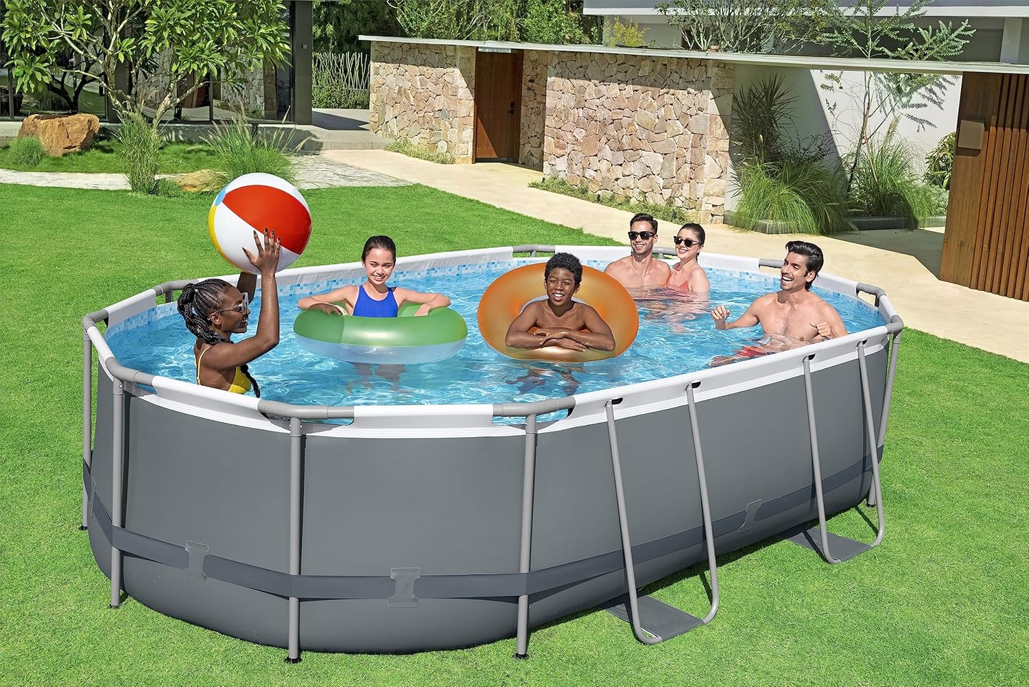 Bestway 56448-3 Set Piscina Fuori Terra Power Steel Ovale da 488x350x107 cm Oval 488 x 305 x 107 Grigio Scuro - Immagine 2